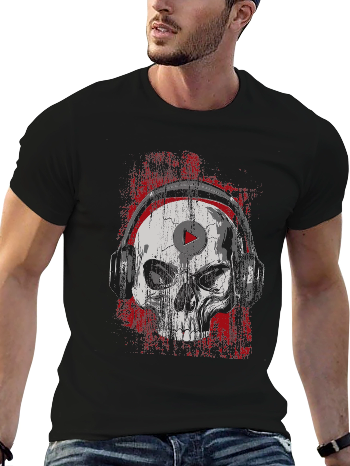 Black Skull Headphones Graphic Tee - Rocker Style T-Shirt view 6