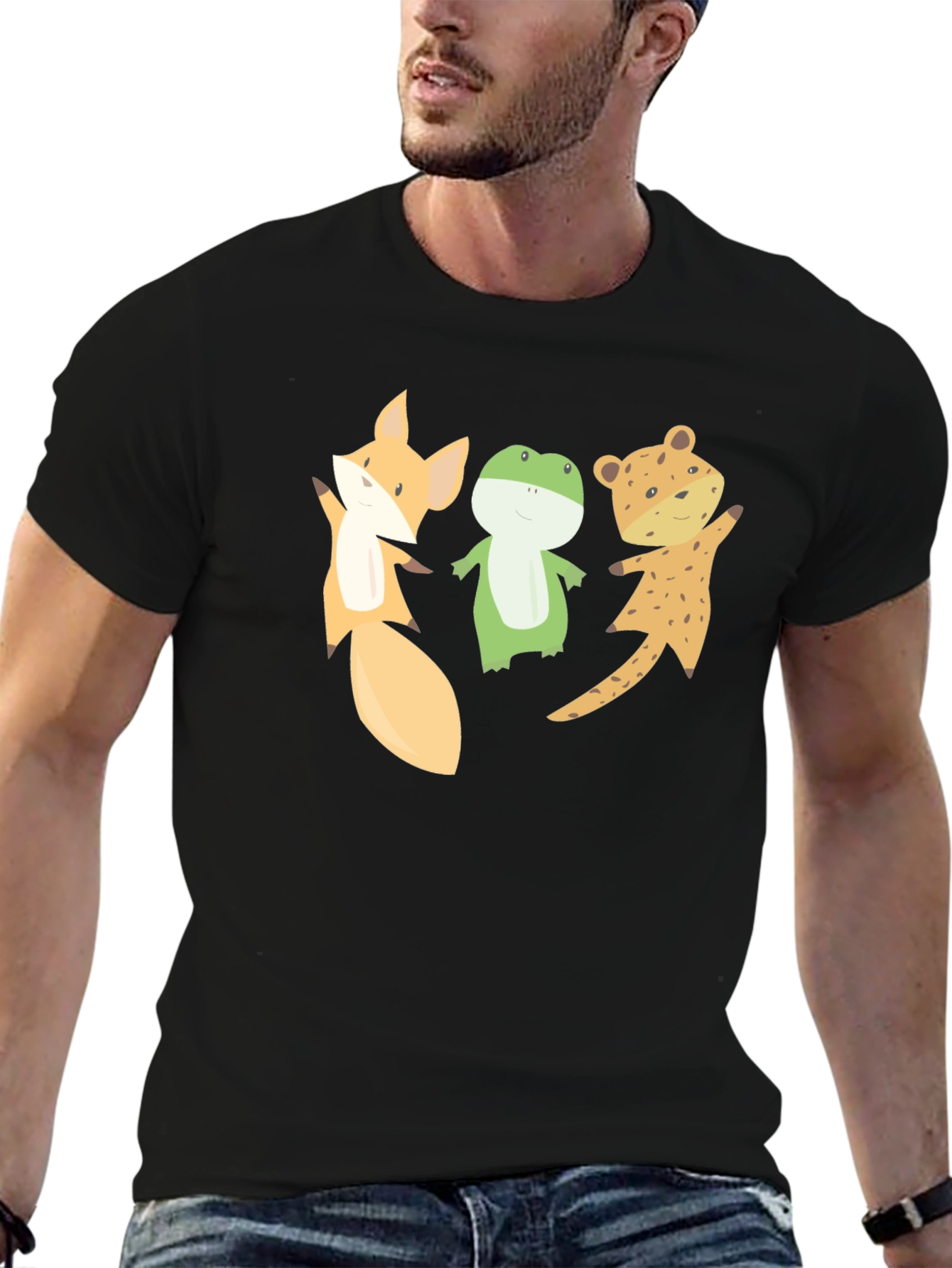 Black Cartoon Animal Friends Black T-Shirt view 6