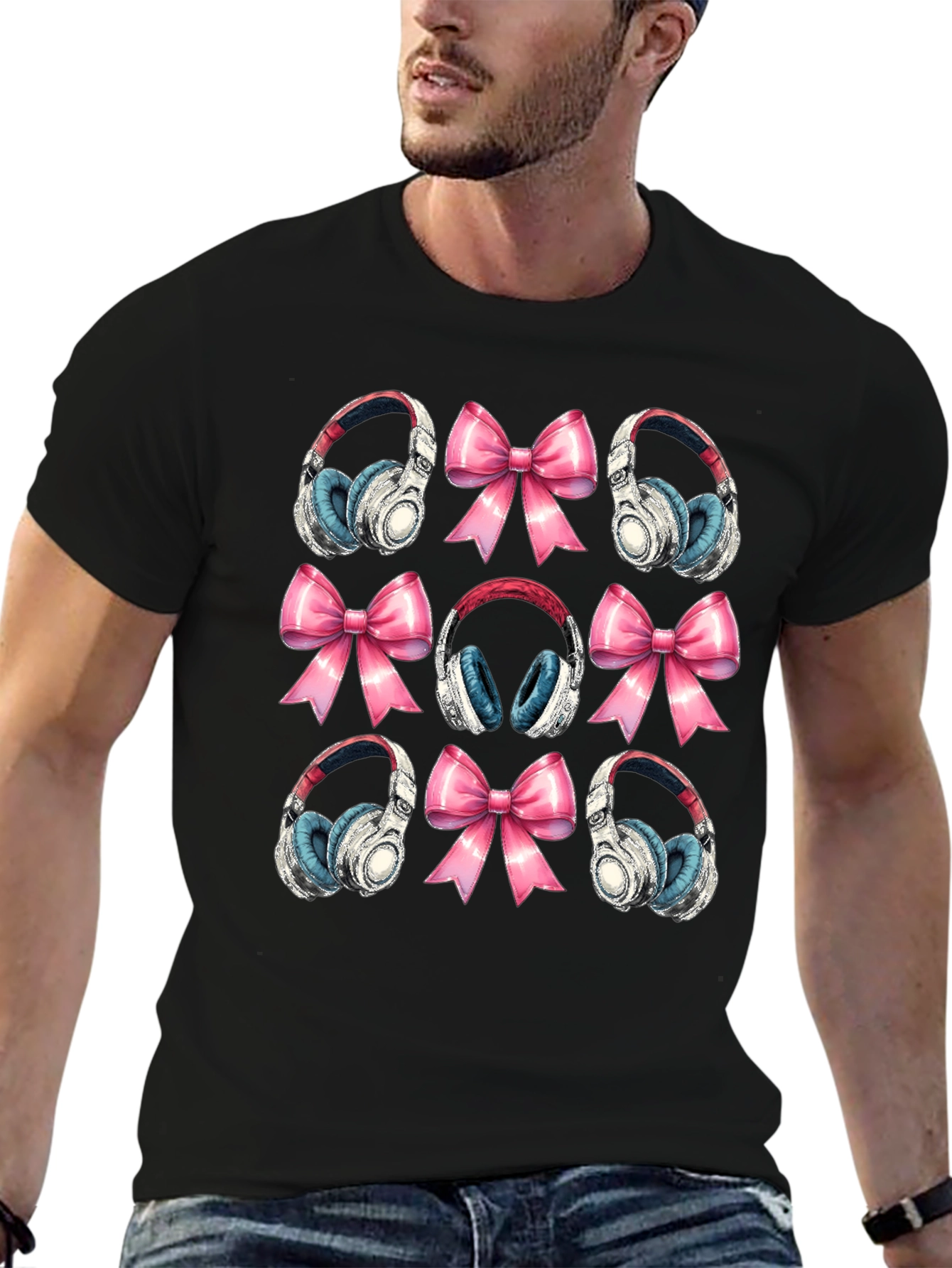 Black Headphones & Bows Graphic T-Shirt - Music Lover Tee view 6