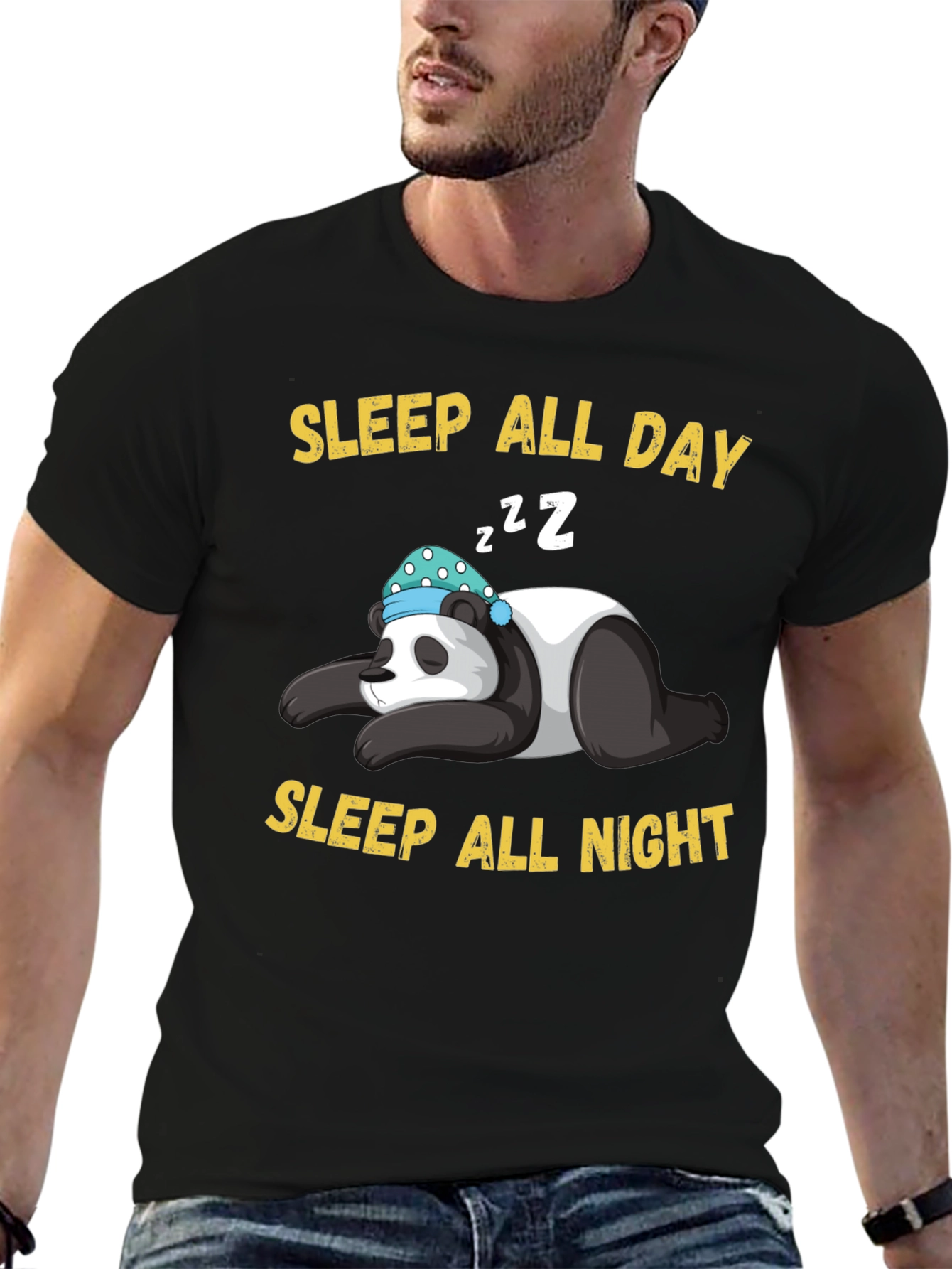 Black Sleepy Panda Tee - Sleep All Day/Night view 6