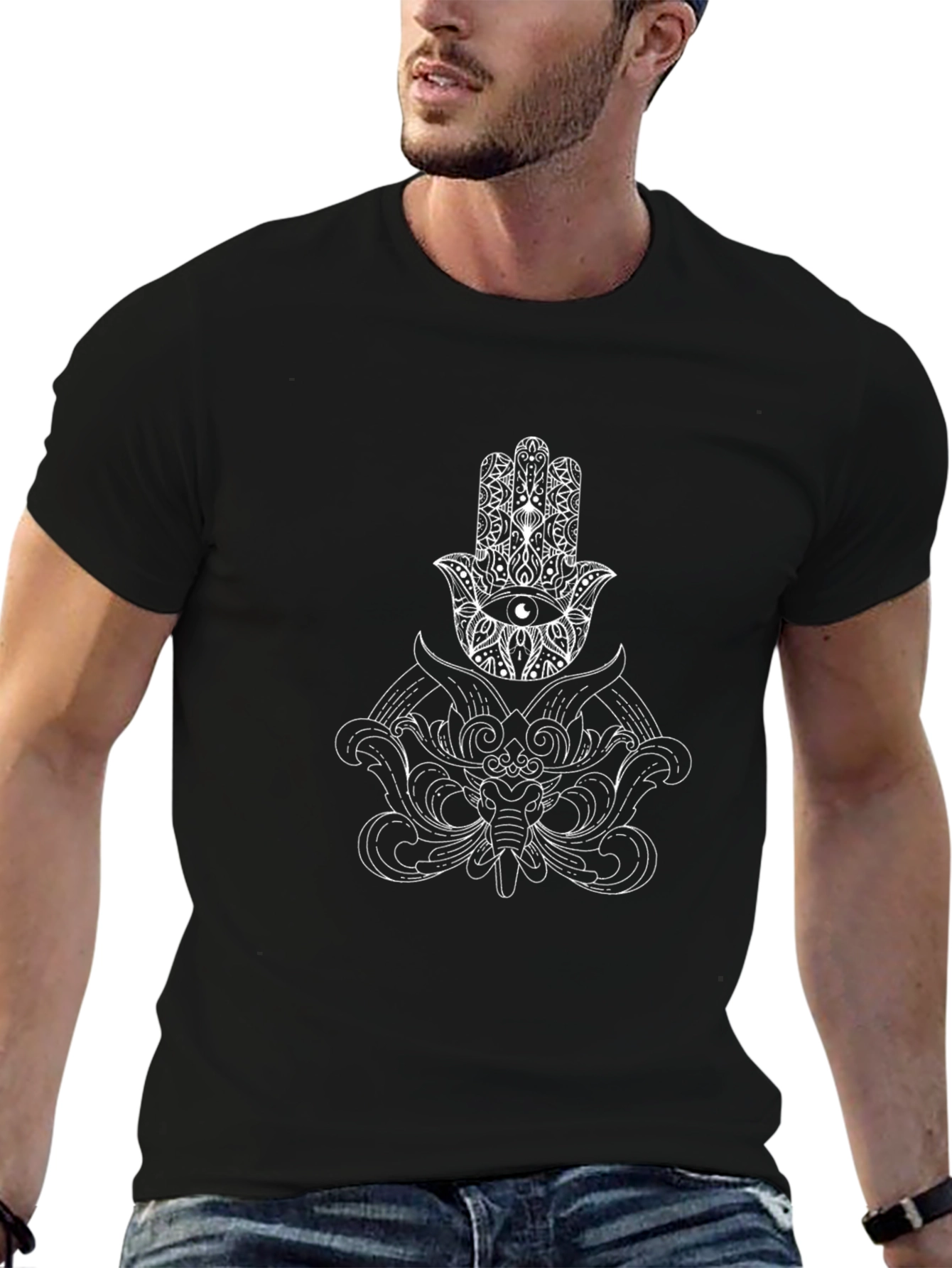Black Hamsa Hand Elephant Graphic Print Black T-Shirt view 6