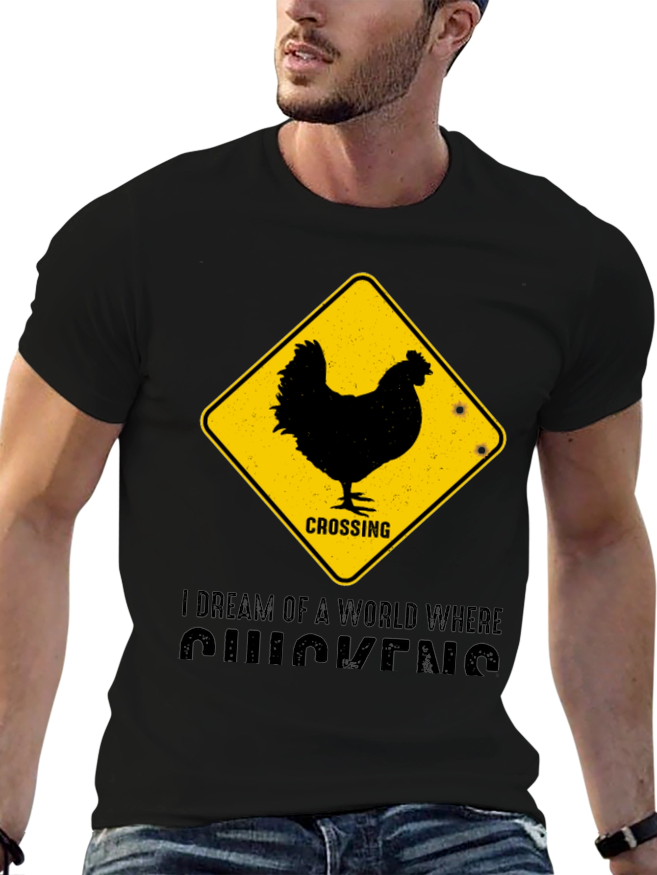 Black Funny Chicken Crossing T-Shirt - "I Dream of Chickens" view 6