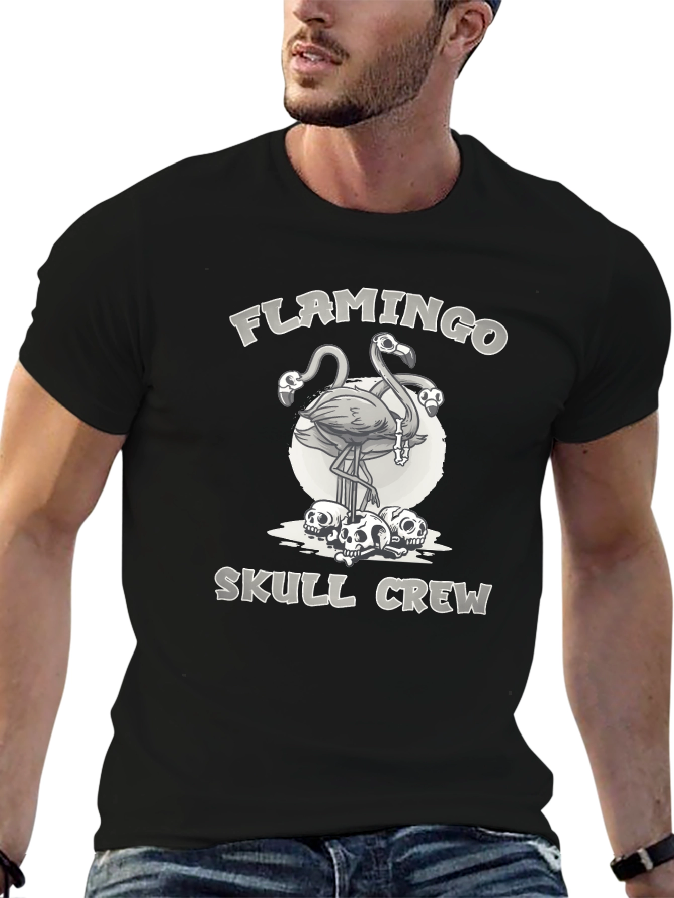 Black Flamingo Skull Crew Graphic Tee - Black view 6