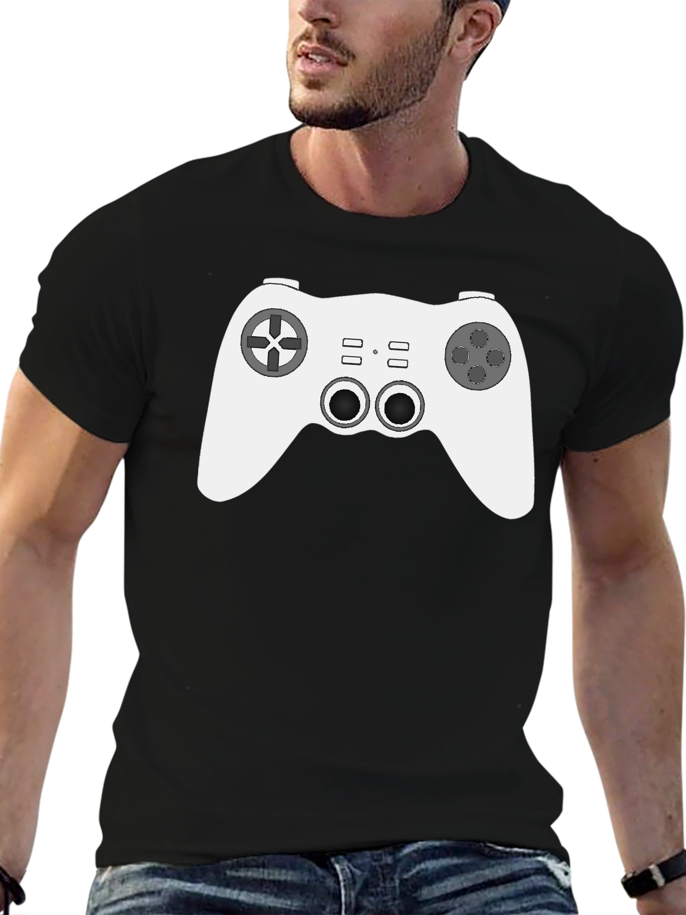 Black Gamer Style Black Tee with Controller Graphic view 6