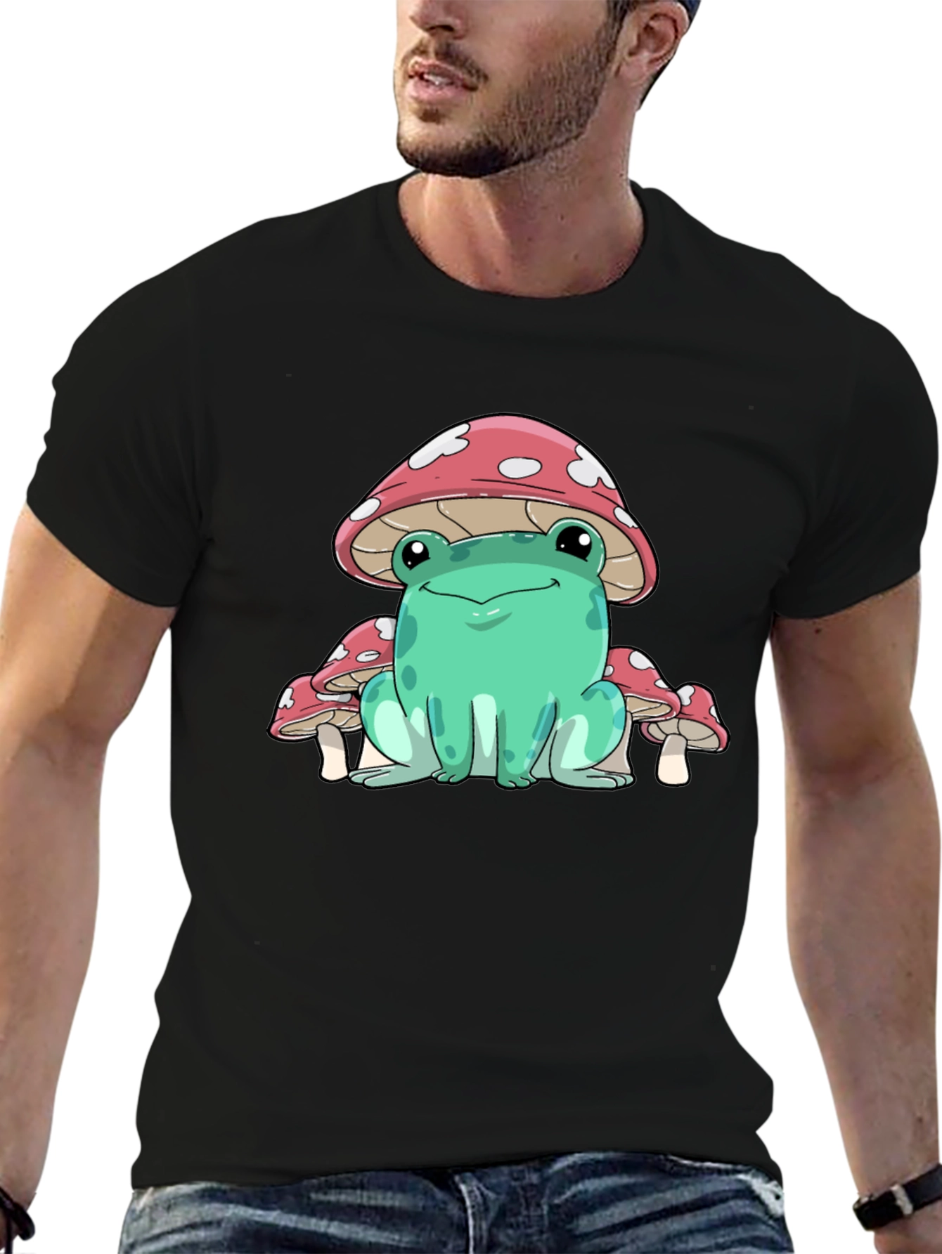 Black Frog Mushroom Graphic Tee - Whimsical Black T-Shirt view 6