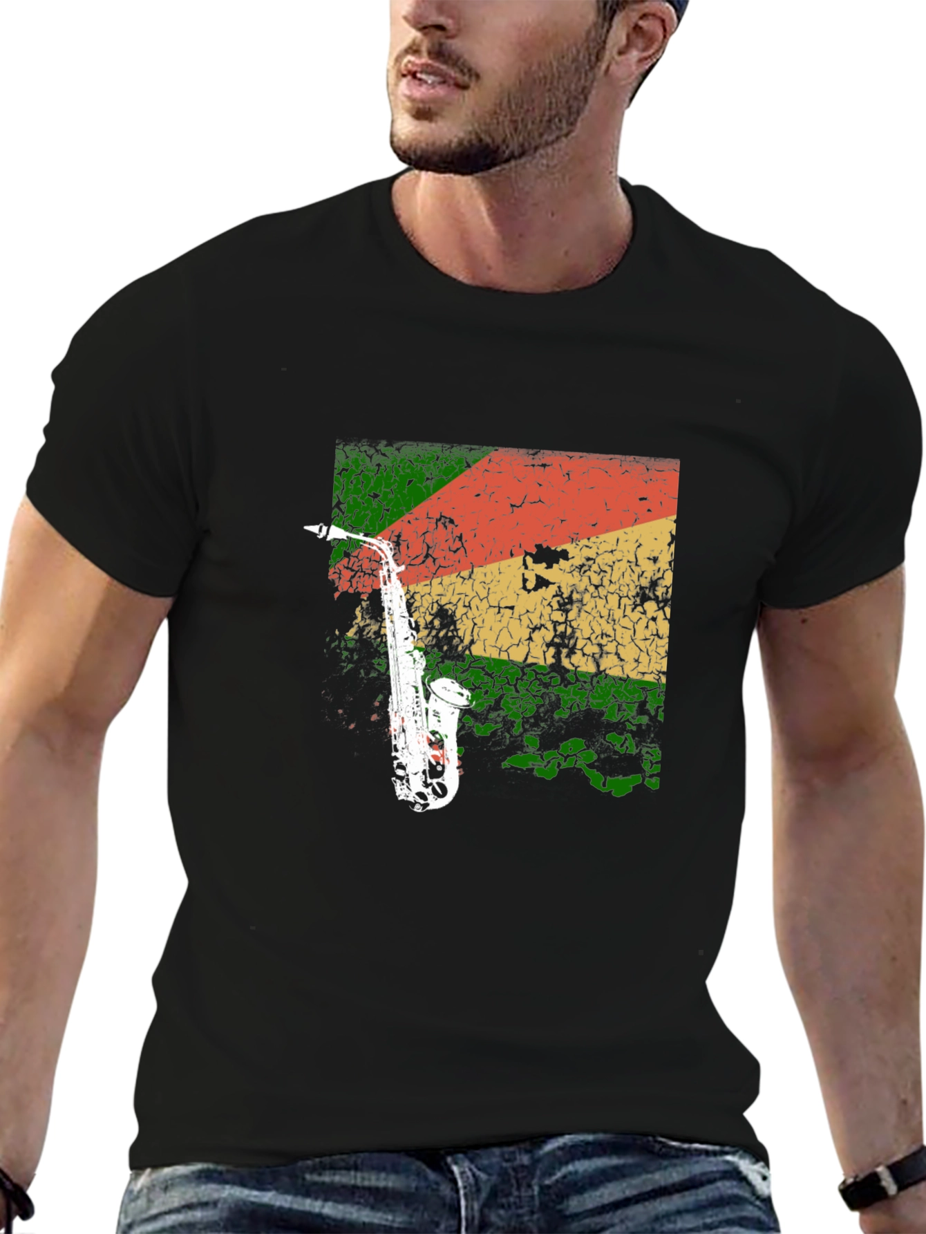 Black Saxophone Reggae T-Shirt - Cool Music Tee view 6