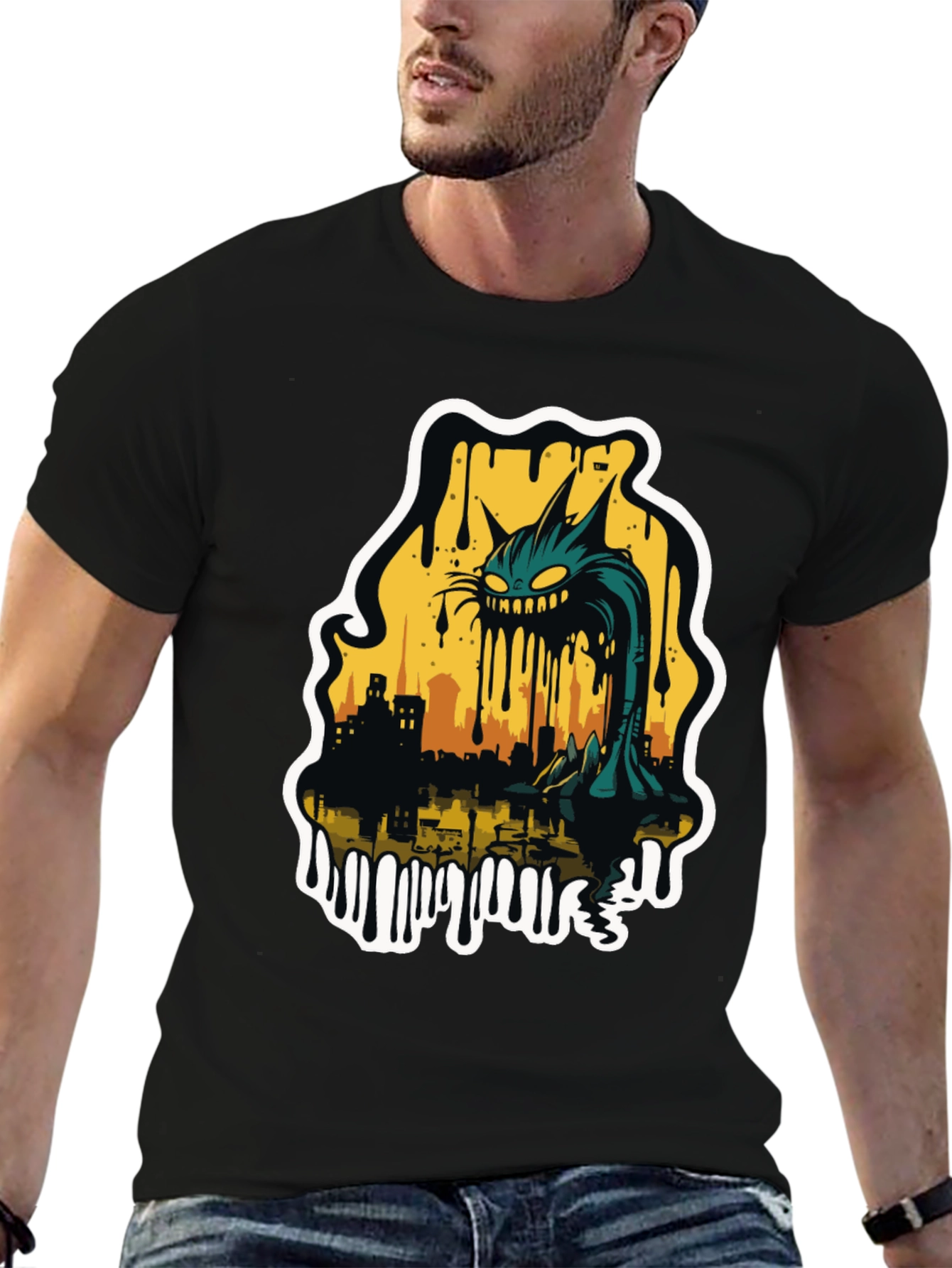 Black Monster Cat Cityscape Graphic Tee - Black view 6