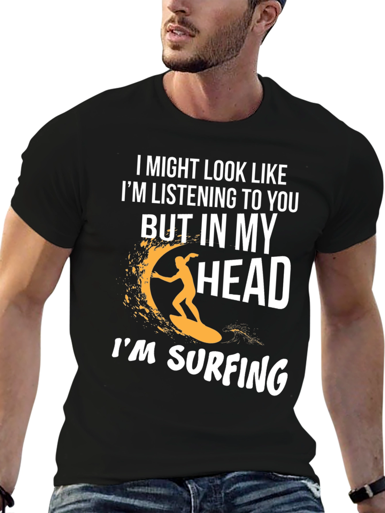 Black Surfing Head T-Shirt - Funny Novelty Tee view 6