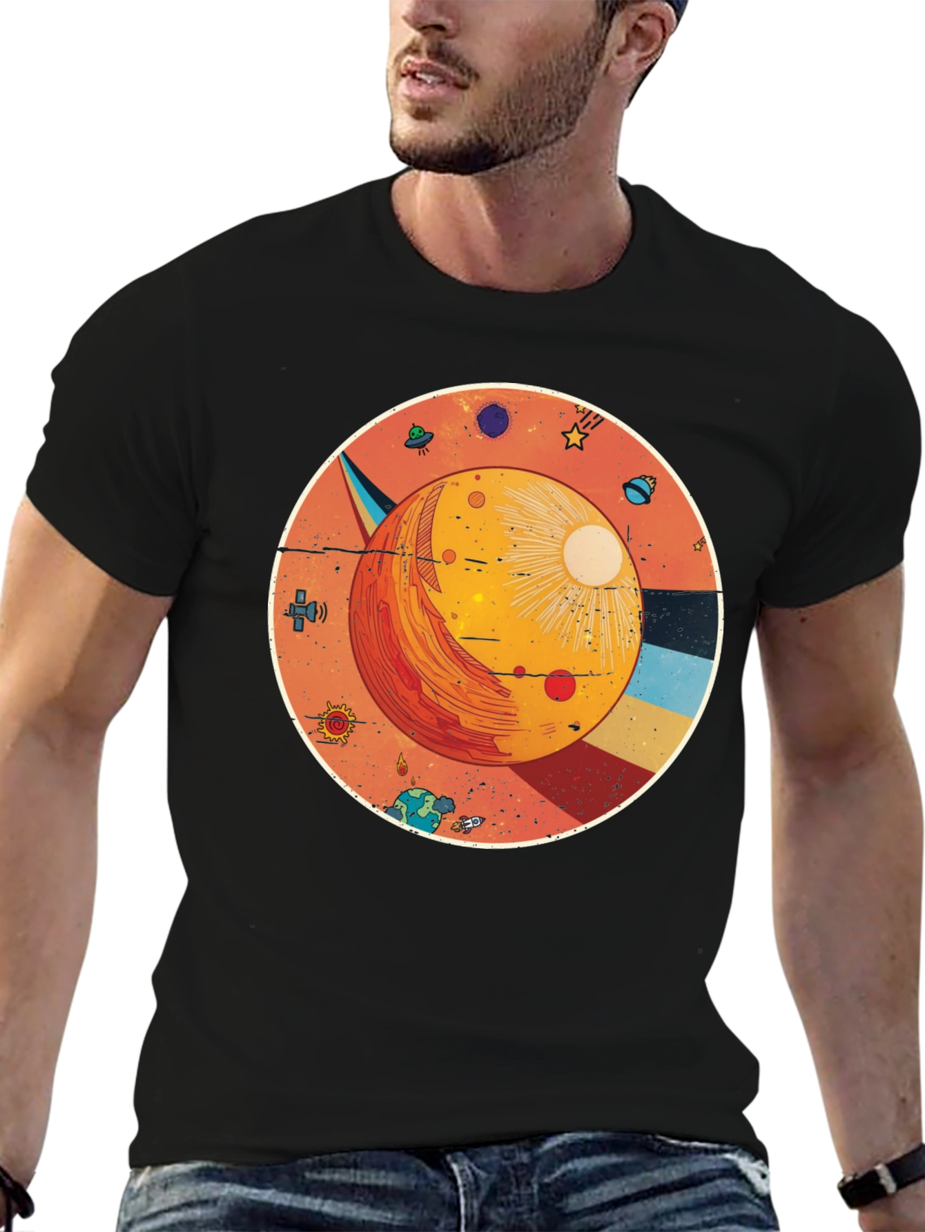 Black Cosmic Planet Graphic Tee - Black Cotton Blend Shirt view 6