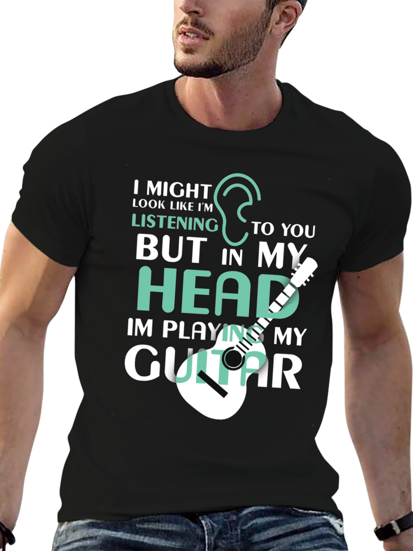Black Funny Guitar Player T-Shirt - I'm Playing My Guitar In My Head view 6