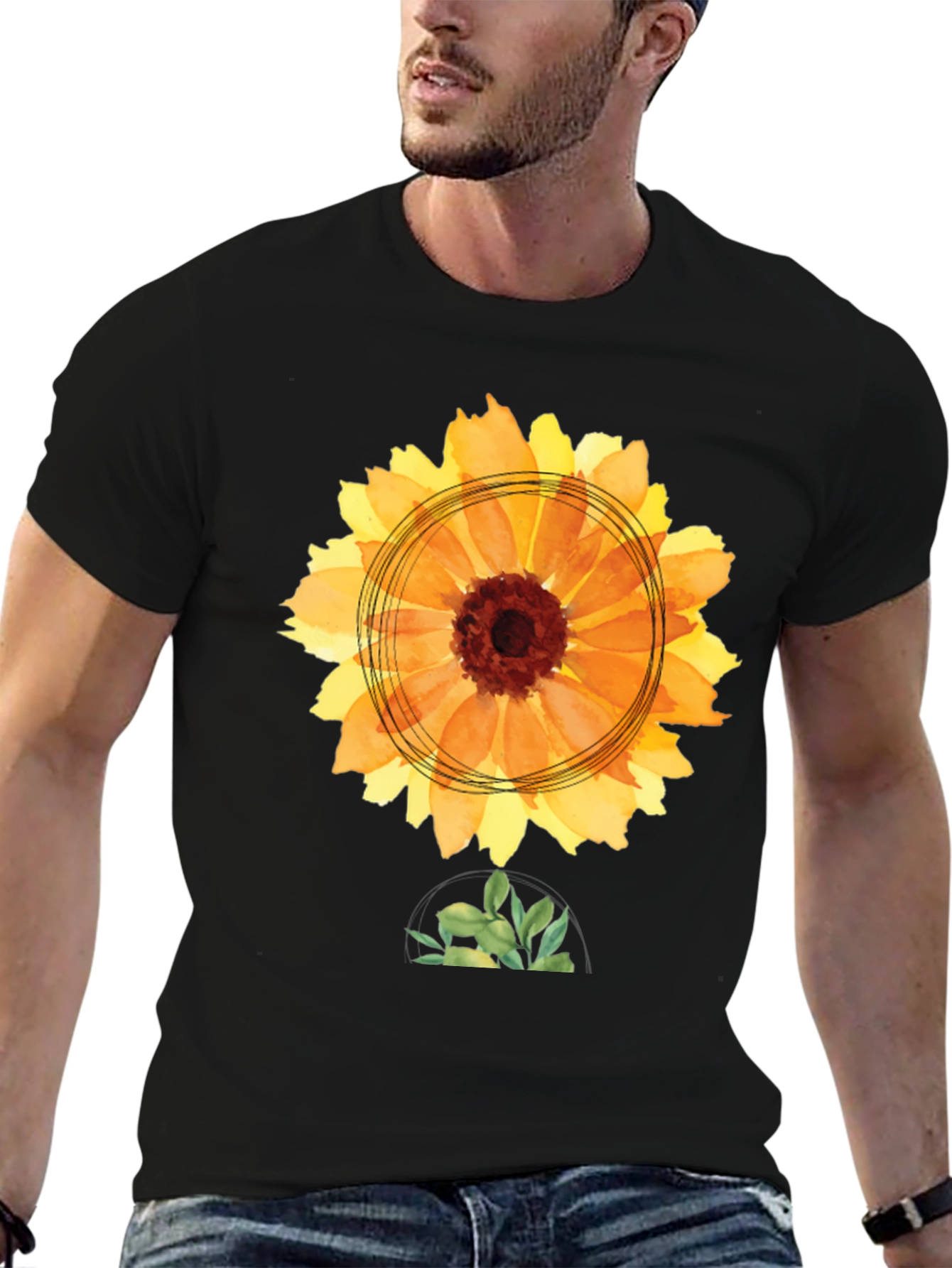Black Sunflower Watercolor Graphic Tee - Black Cotton T-Shirt view 6