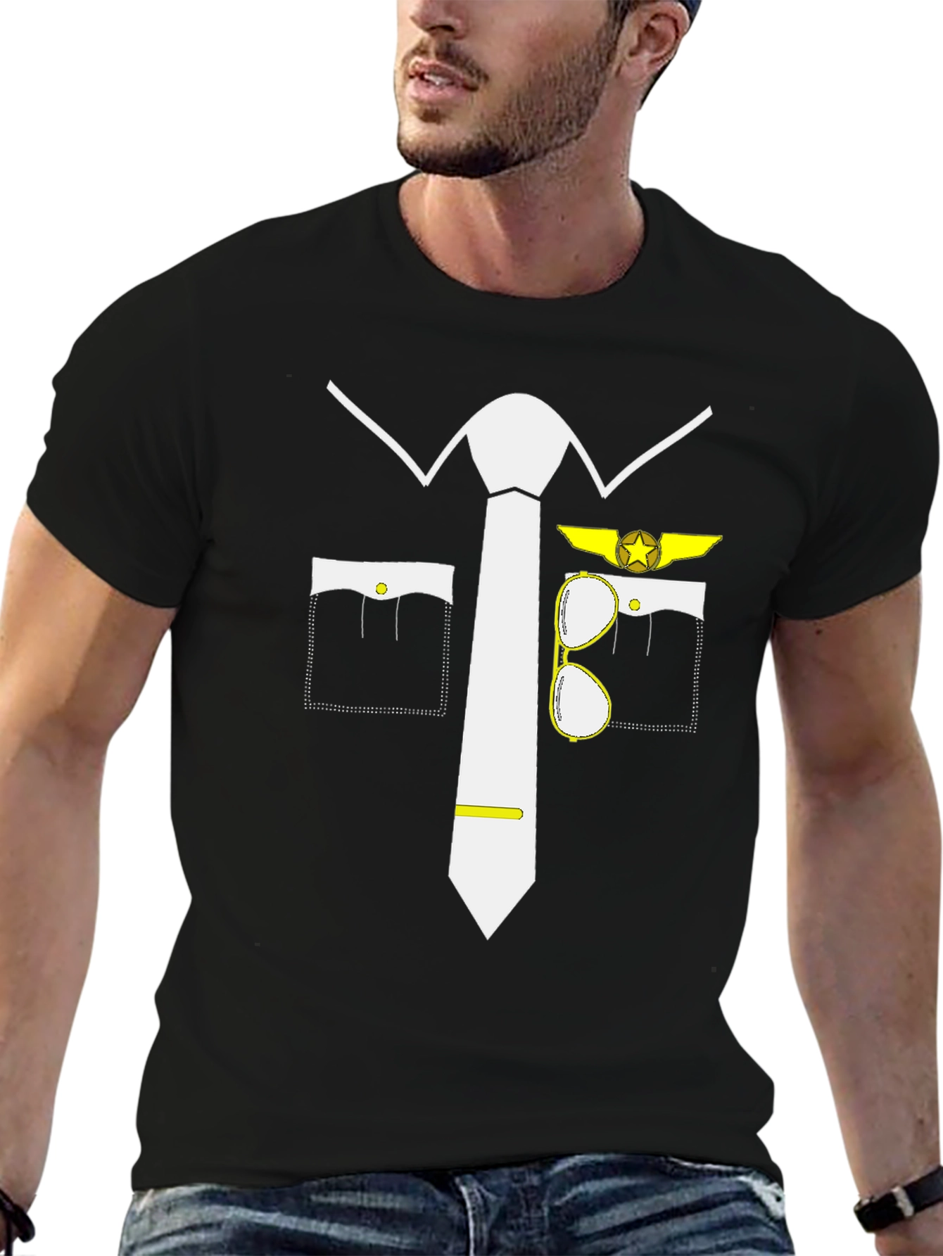 Black Pilot Costume T-Shirt - Fun Aviation Tee view 6