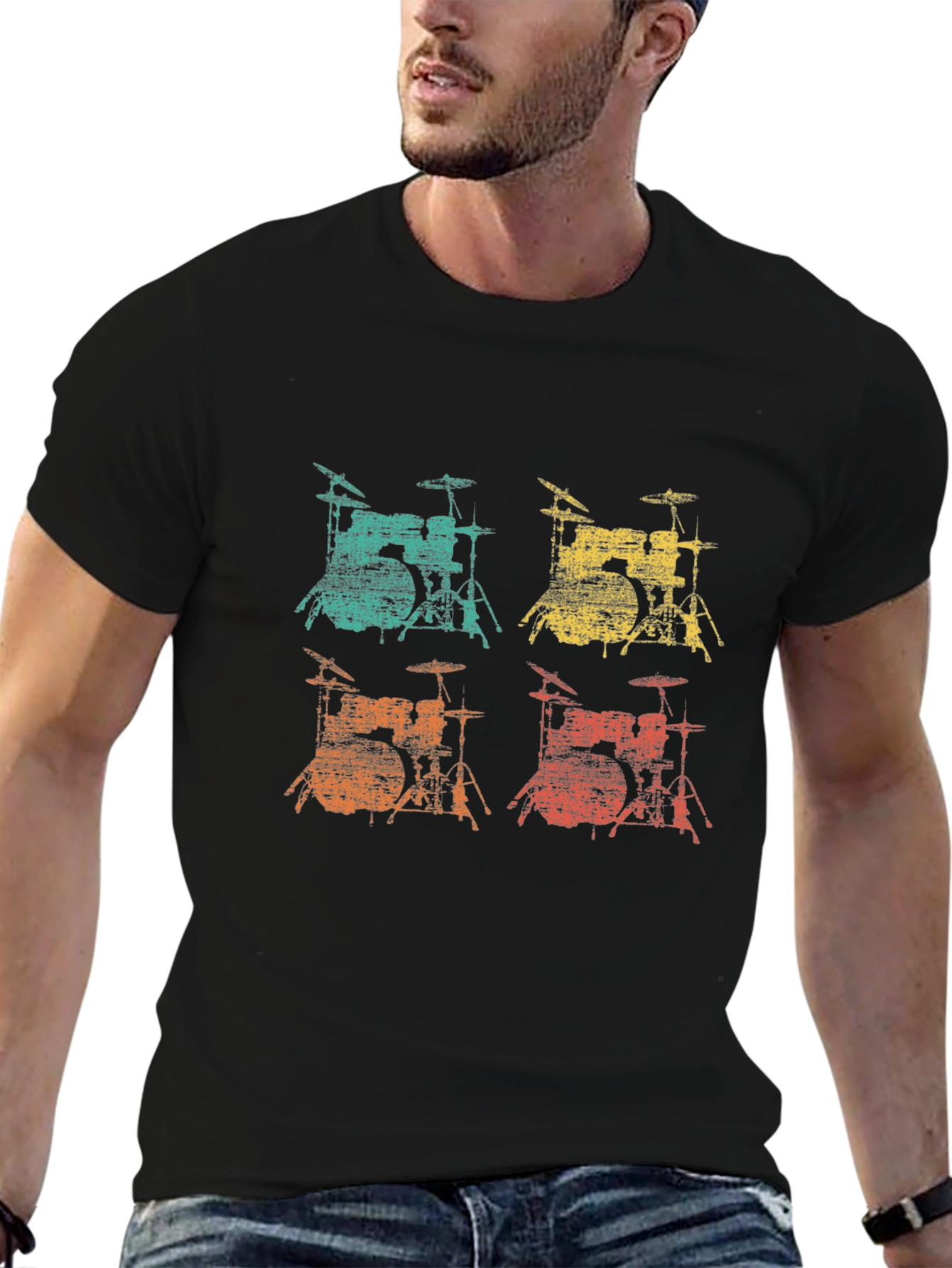 Black Retro Drum Set T-Shirt - Music Lover Tee view 6