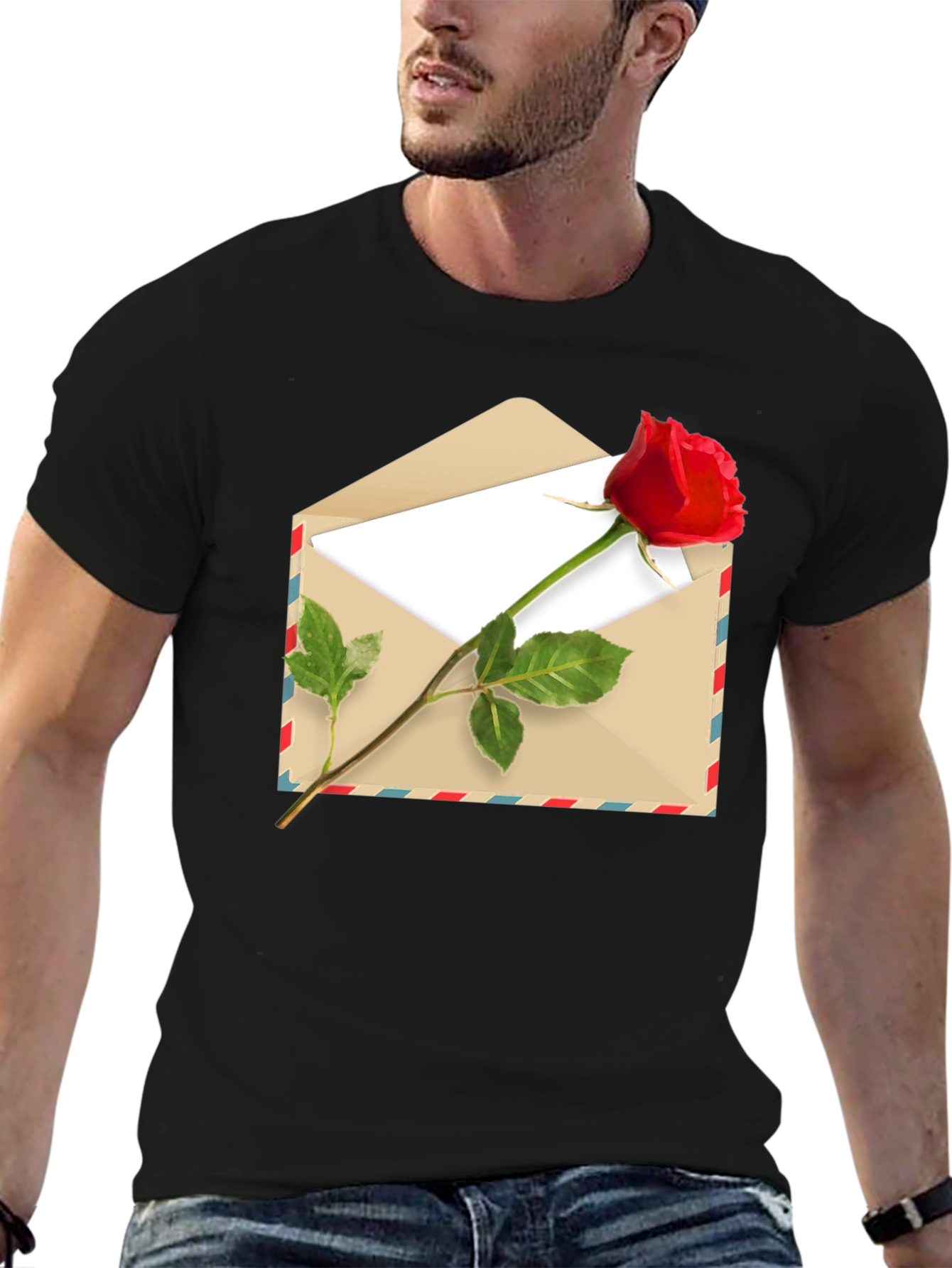 Black Romantic Rose Envelope Graphic Tee - Black view 6