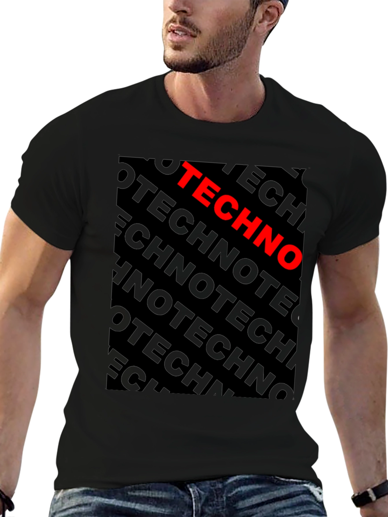 Black Techno Bold Graphic Black T-Shirt view 6
