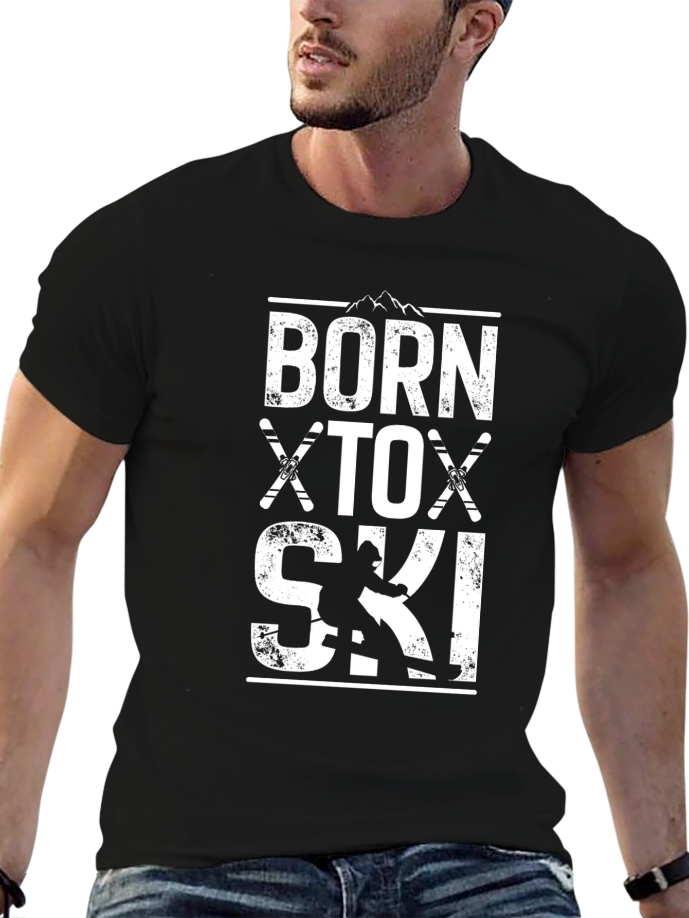 Black Born to Ski Graphic Tee - Black Cotton T-Shirt view 6