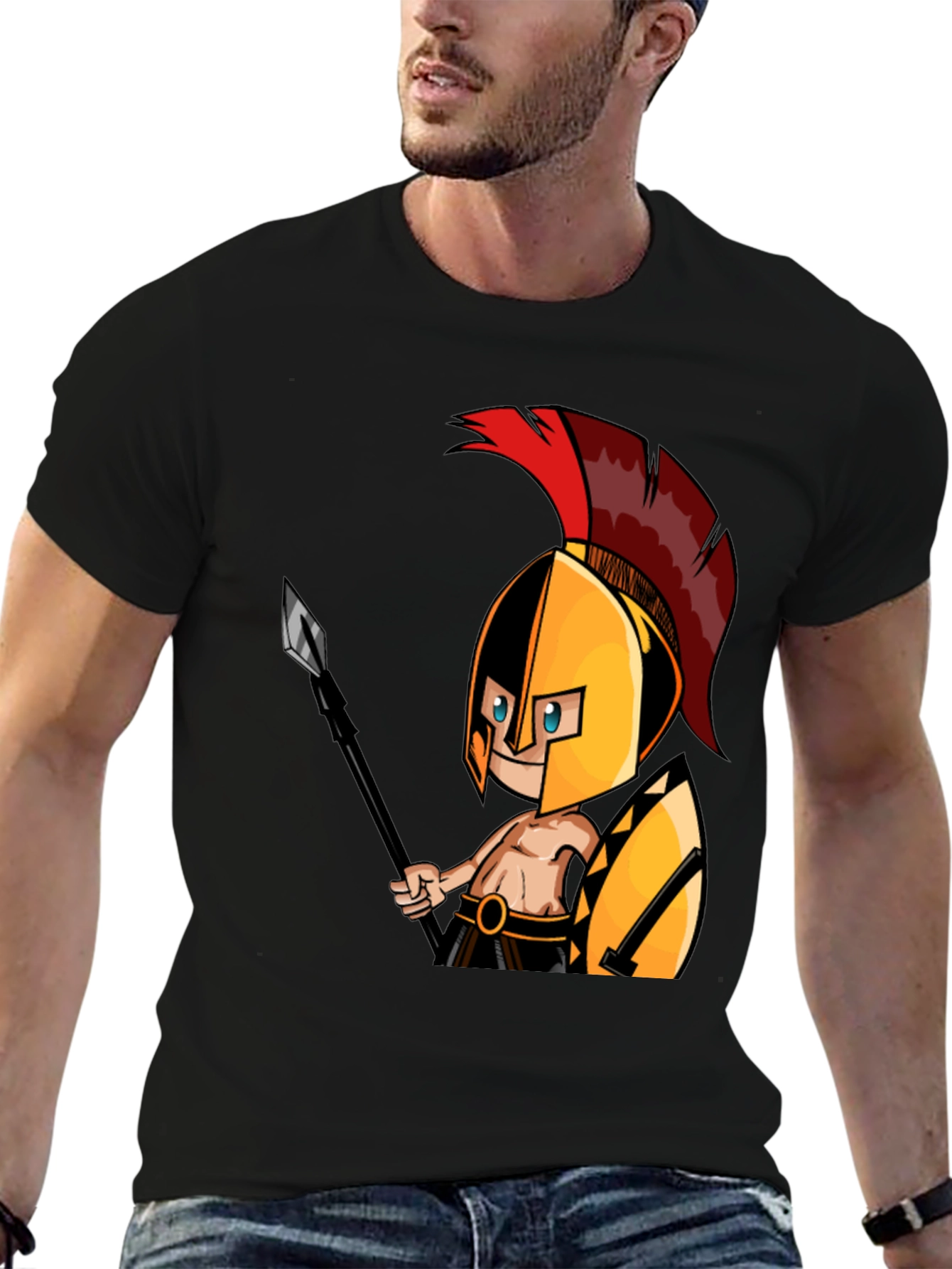 Black Spartan Warrior Graphic Tee - Black Cotton T-Shirt view 6