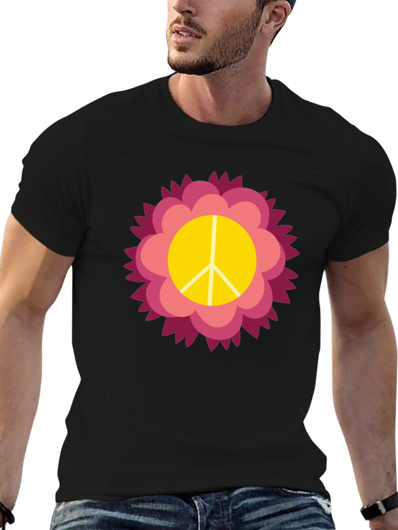 Black Peace Sign Flower Graphic Tee - Black view 6