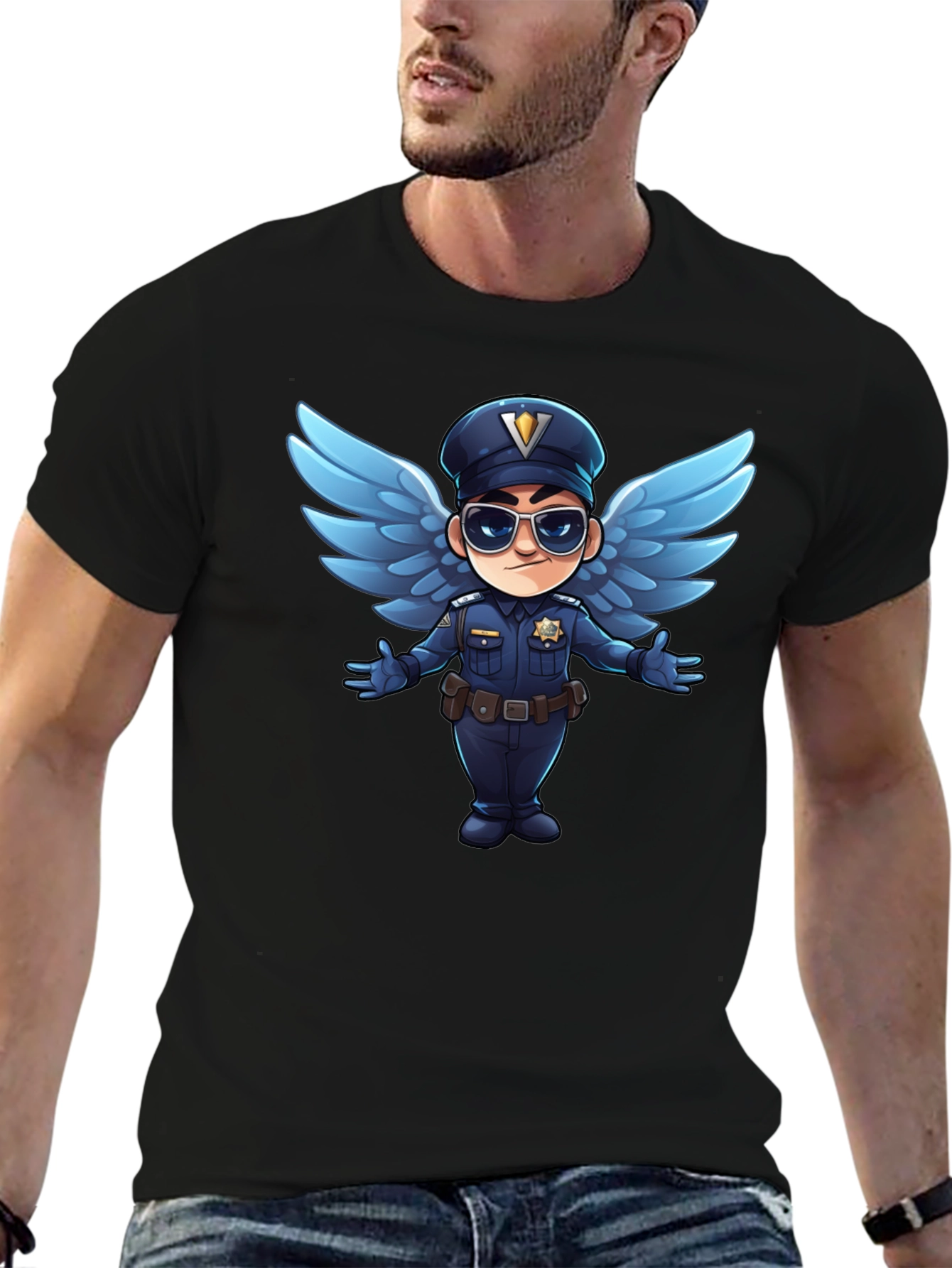 Black Cartoon Angel Cop T-Shirt - Black view 6