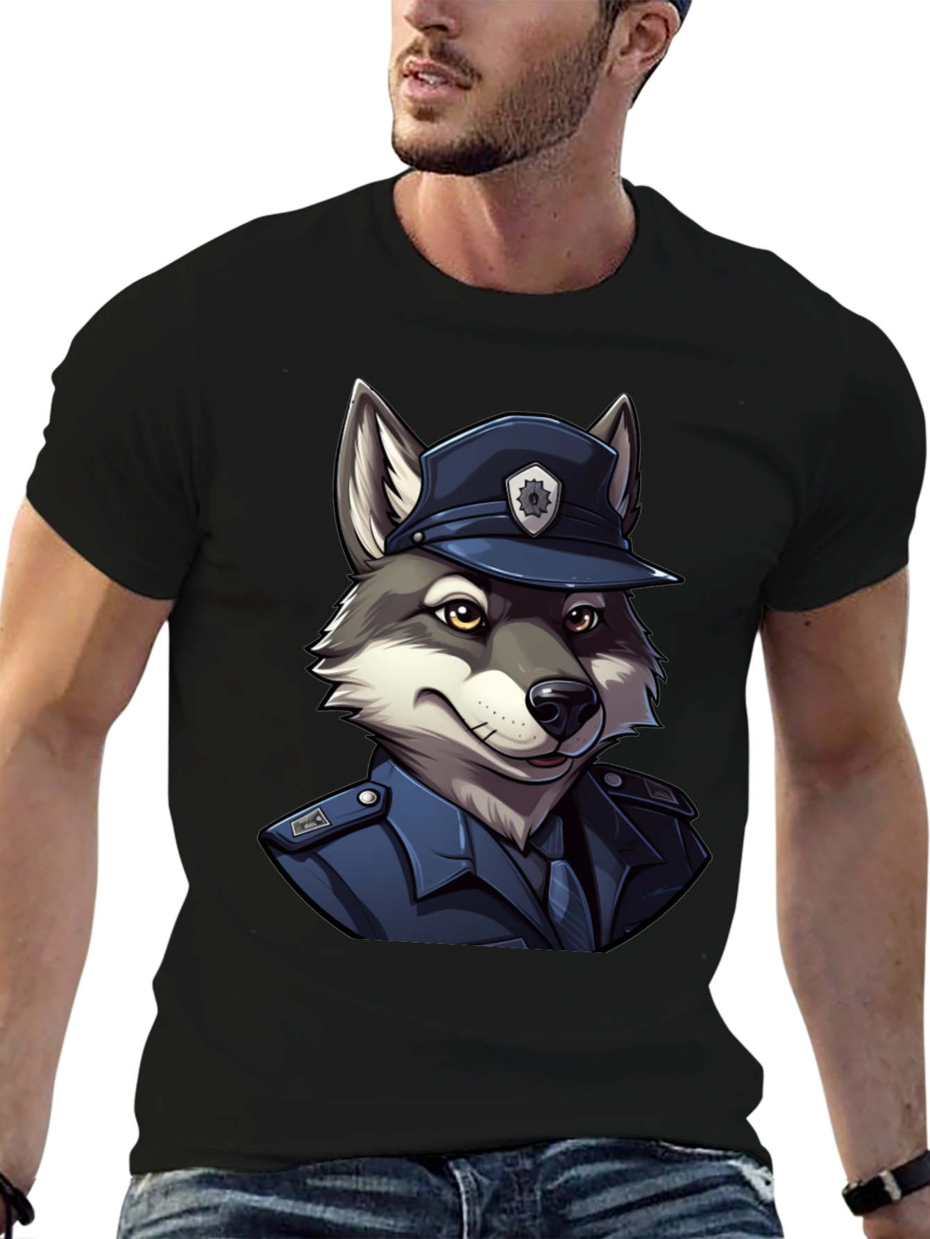Black Wolf Cop T-Shirt - Cool Canine Police Design view 6