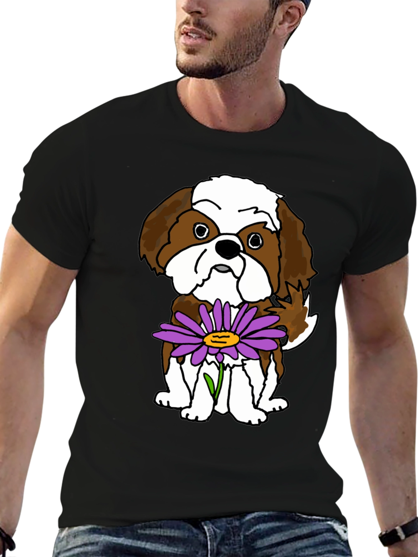 Black Cute Shih Tzu Dog with Flower Graphic T-Shirt view 6