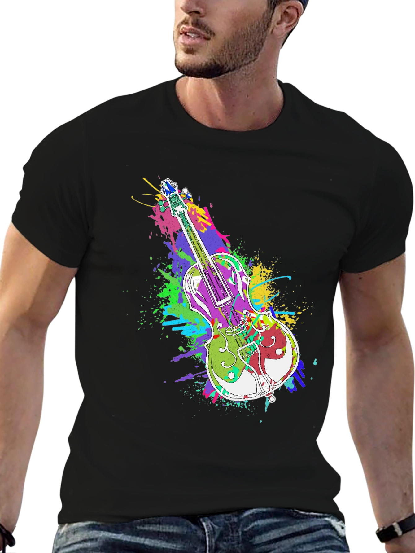 Black Colorful Violin Splatter Print T-Shirt - Unique Music Design view 6