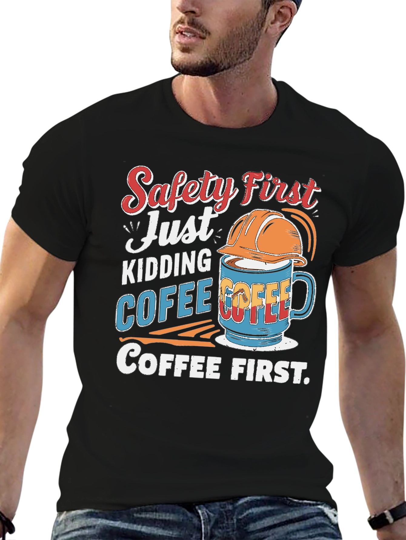 Black Safety First Coffee T-Shirt view 6