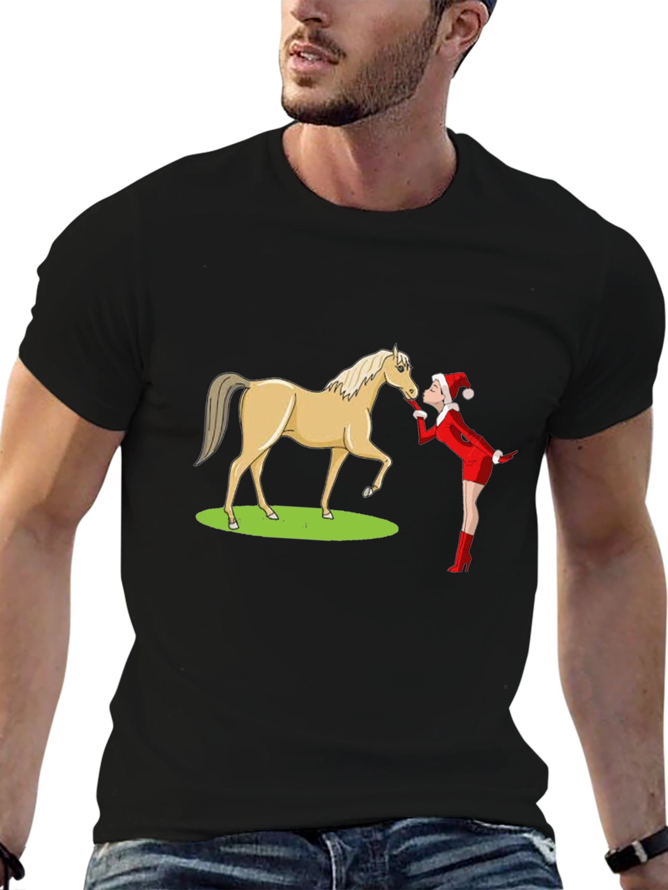 Black Horse Kissing T-Shirt - Funny Animal Graphic Tee view 6