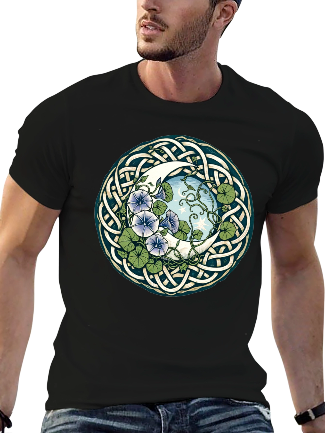 Black Celtic Moon & Flower T-Shirt view 6