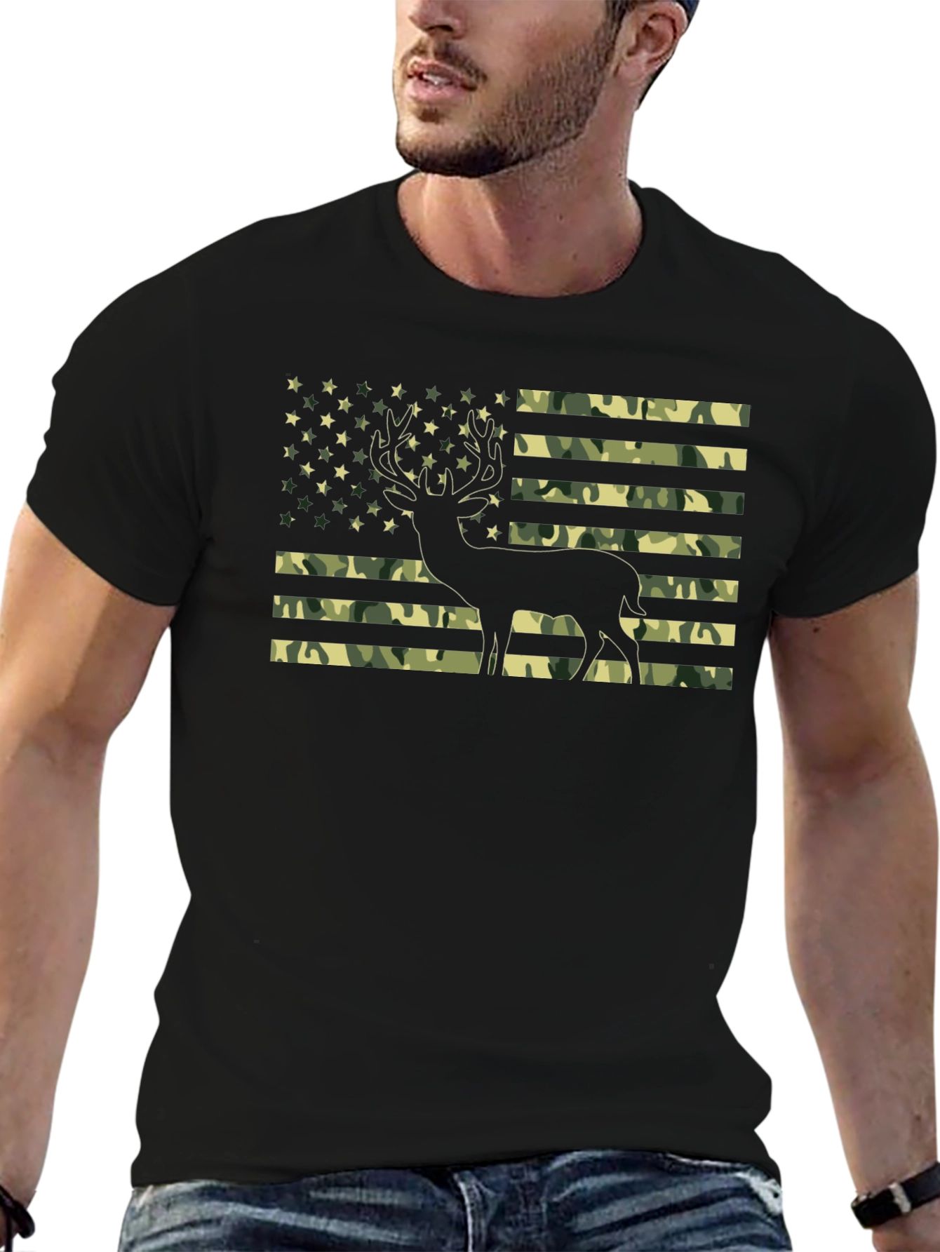 Black Camo American Flag Deer Graphic T-Shirt view 6