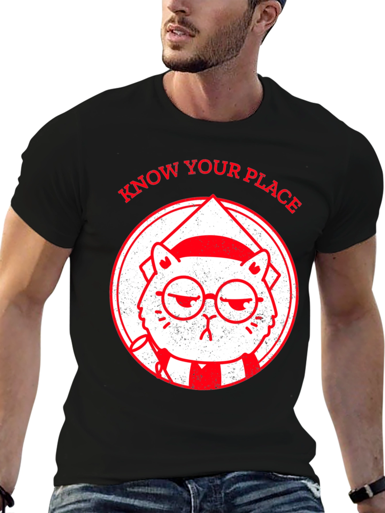 Black Know Your Place Funny Cat Graphic T-Shirt view 6