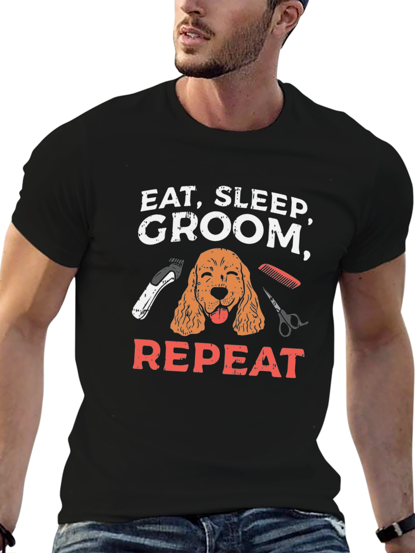 Black Eat, Sleep, Groom, Repeat Dog T-Shirt view 6