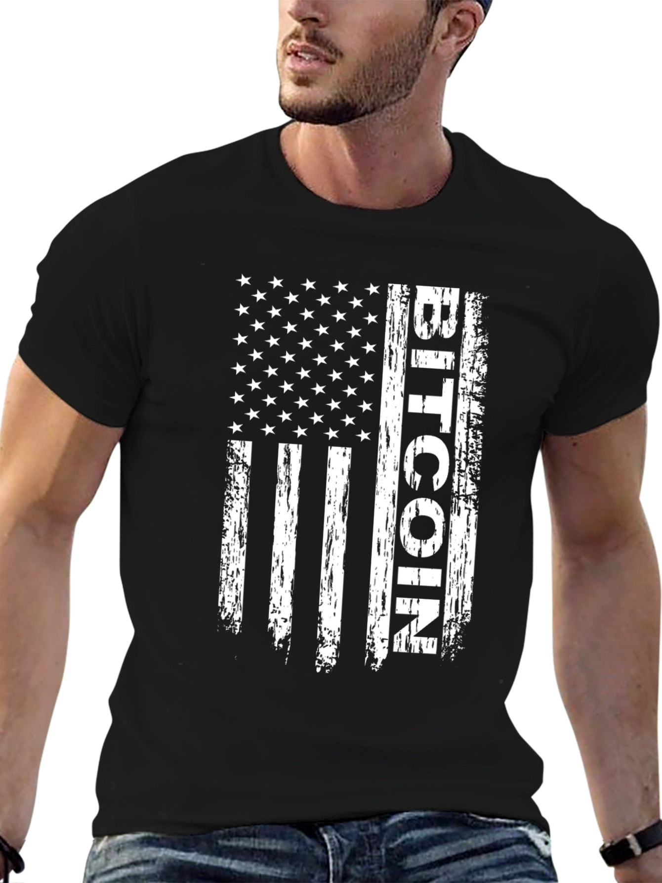 Black Bitcoin USA Flag T-Shirt - Crypto Patriot Tee view 6