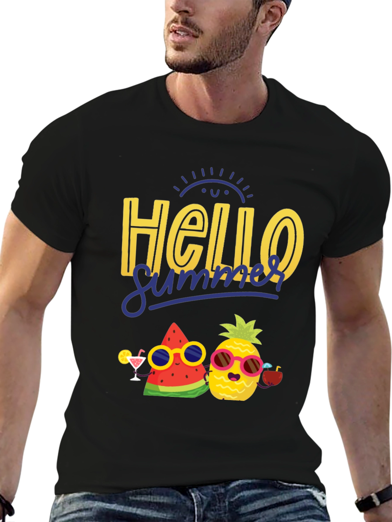 Black Hello Summer Graphic T-Shirt: Pineapple & Watermelon view 6
