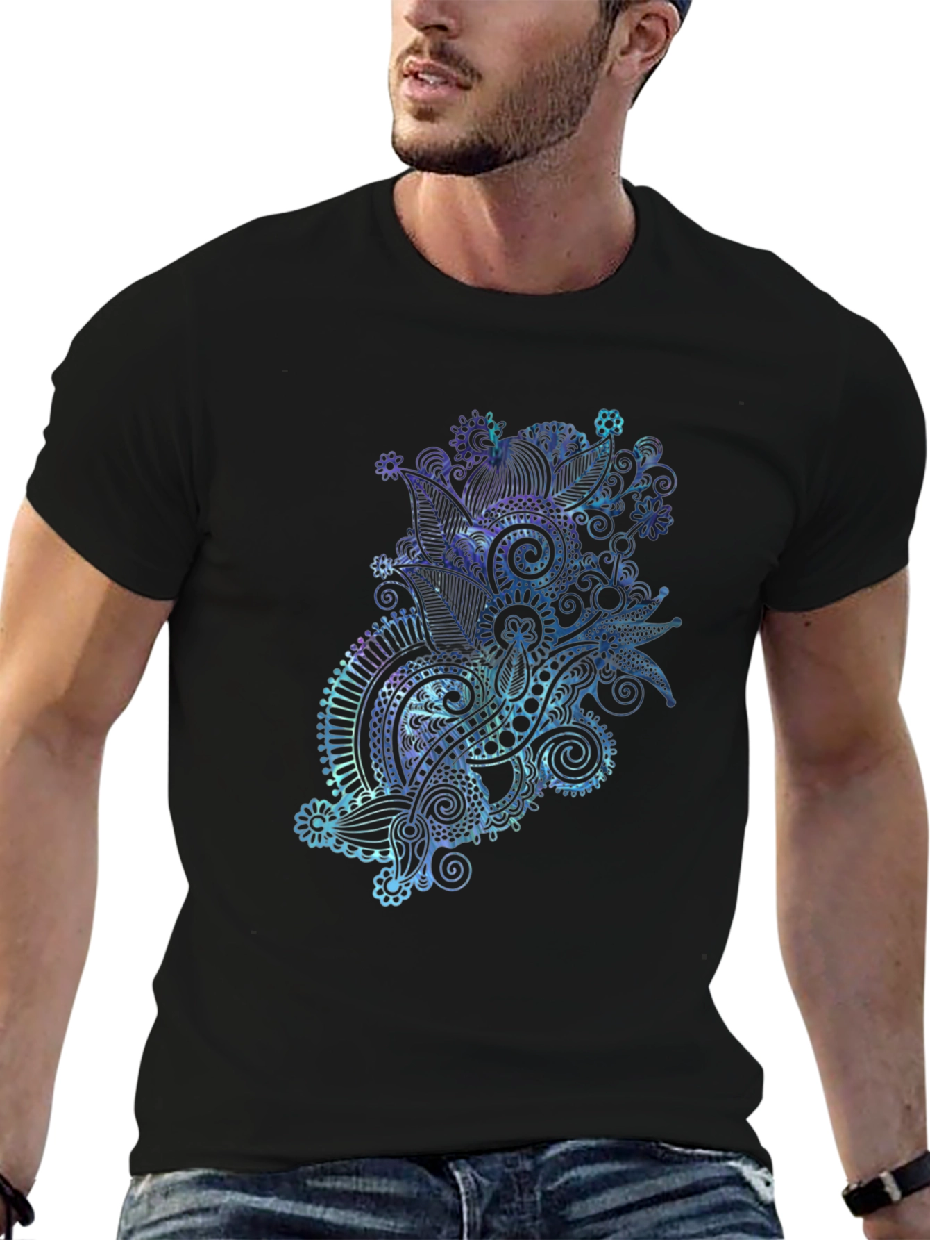 Men's Black T-Shirt with Abstract Floral Design - 6