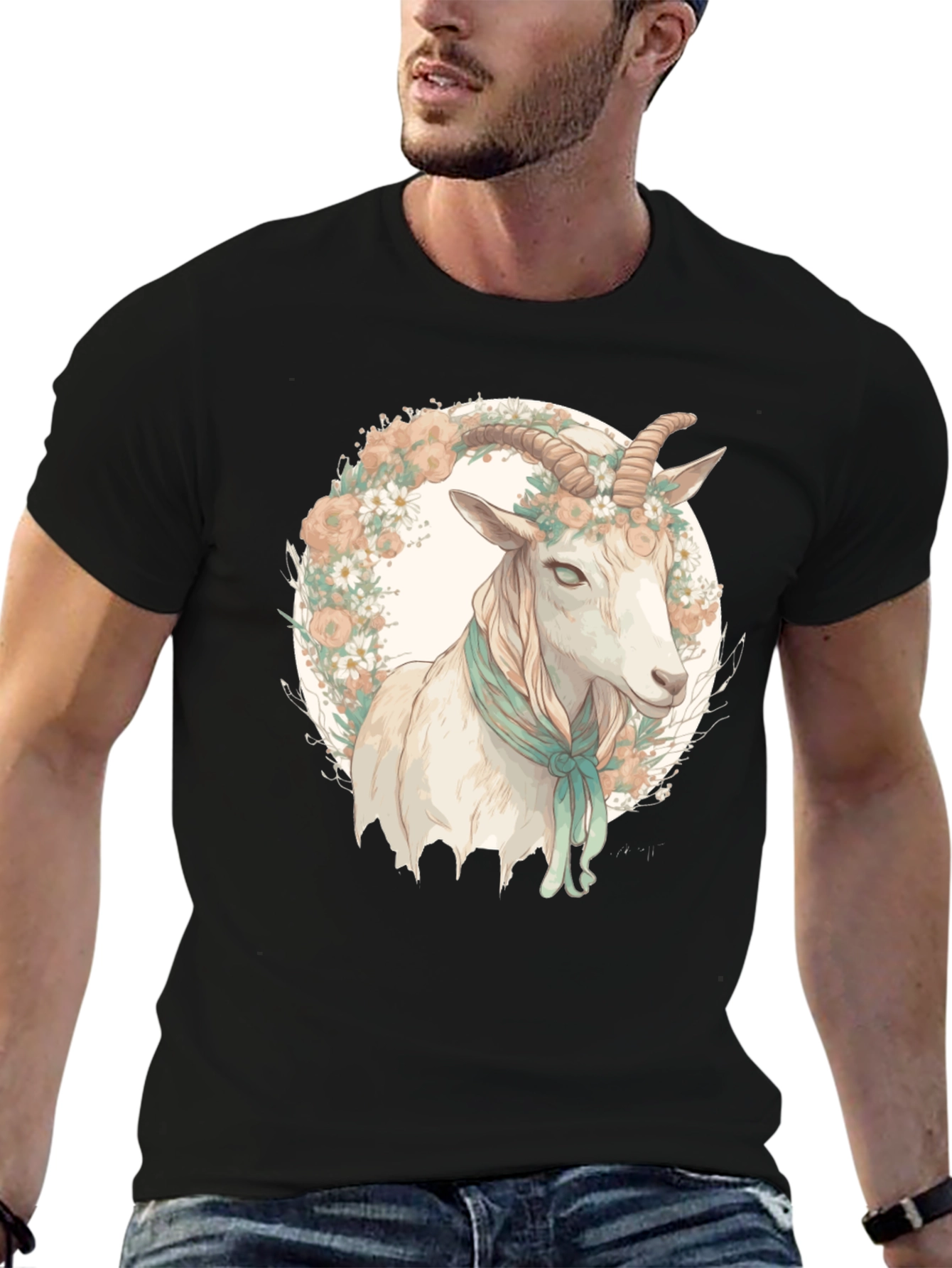 Black Goat Floral Wreath Black T-Shirt view 6