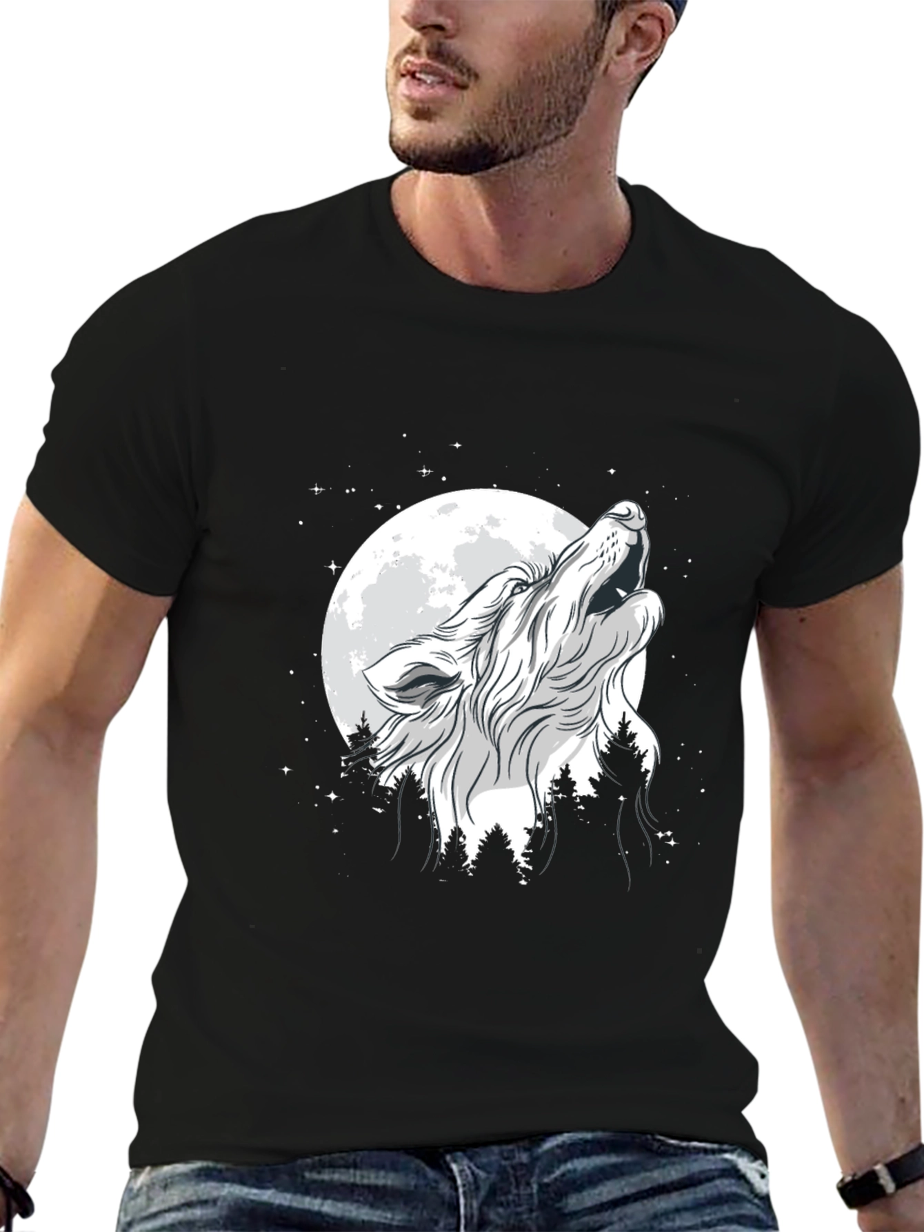 Black Wolf Howling at Moon Graphic Black T-Shirt view 6