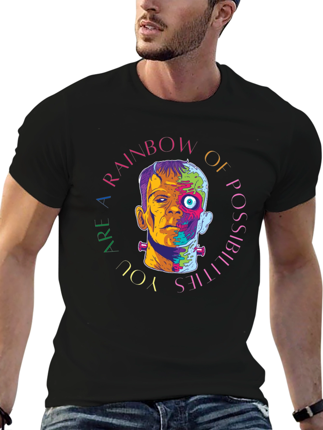 Black Rainbow Frankenstein Graphic Tee - Artistic Horror Style view 6