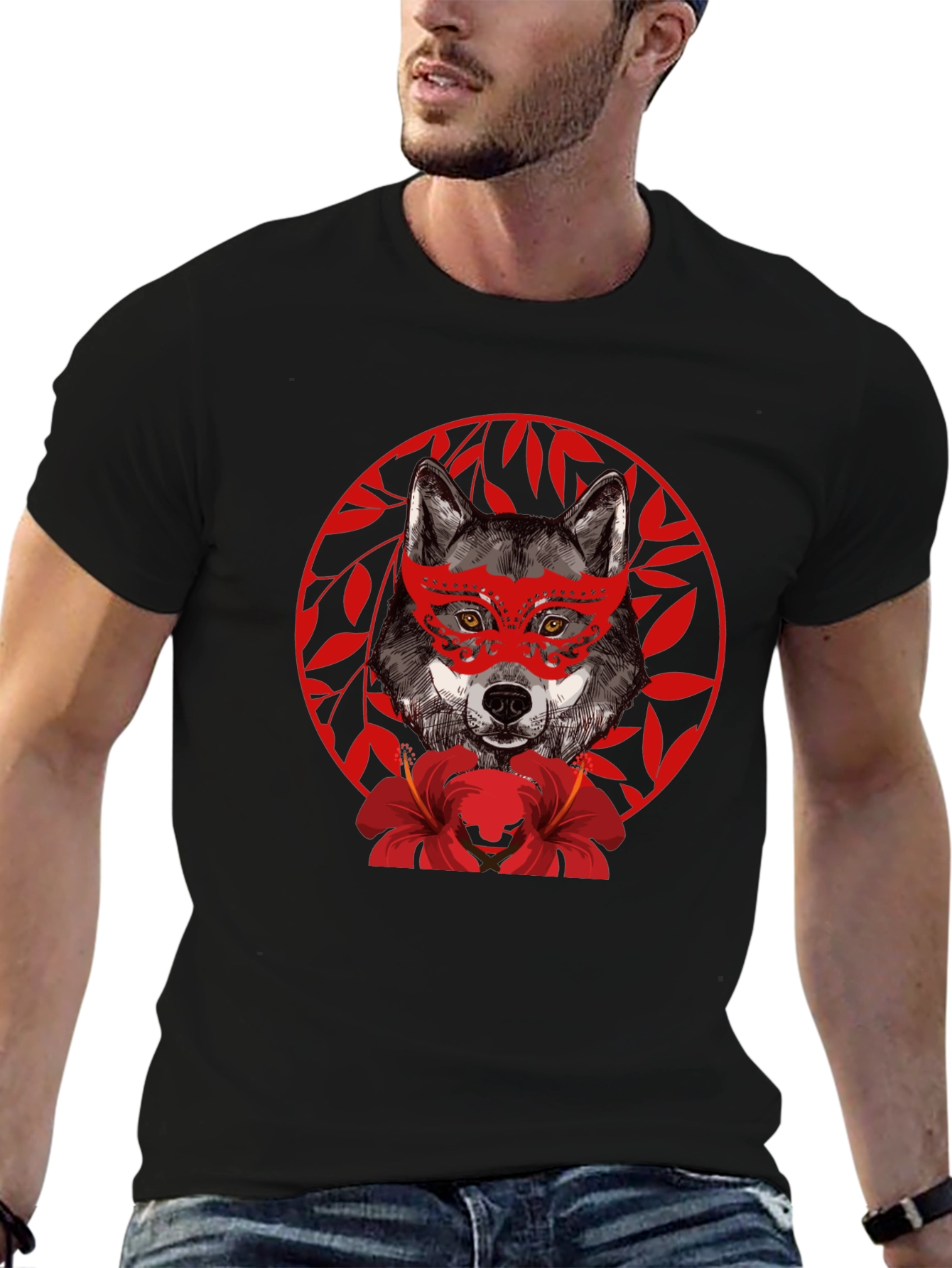 Black Wolf Masquerade Graphic Tee - Unique Animal Print T-Shirt view 6