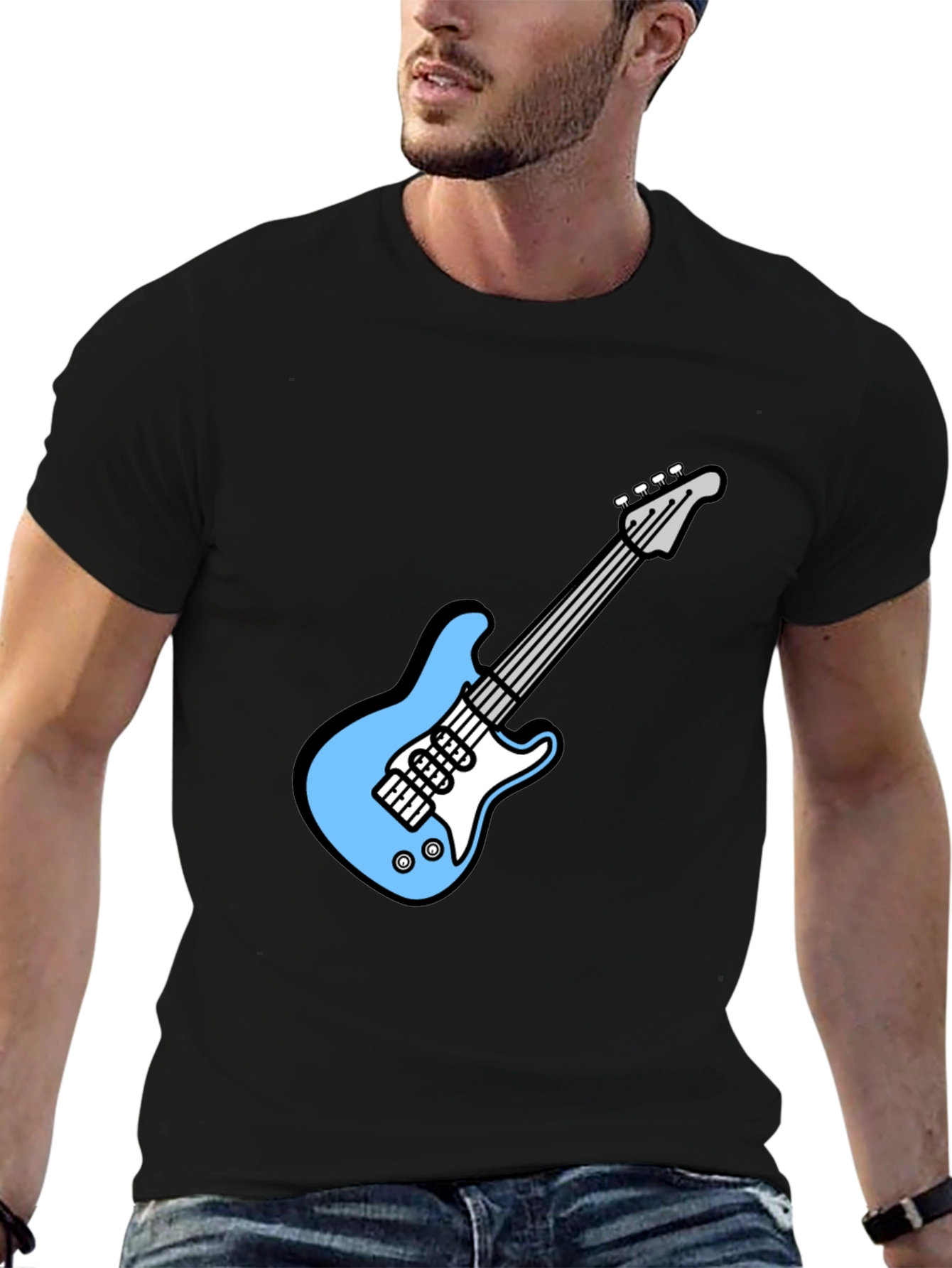 Black Cool Electric Guitar Graphic Tee - Black Cotton T-Shirt view 6