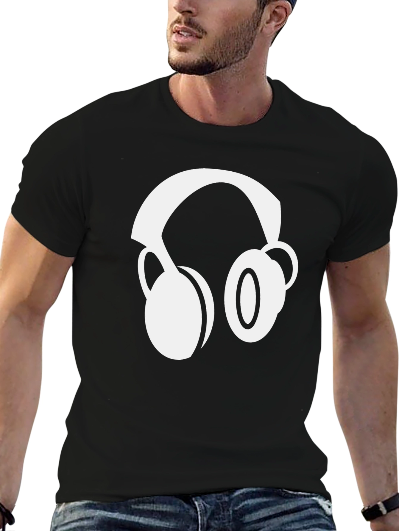 Black Black T-Shirt with Headphone Graphic view 6