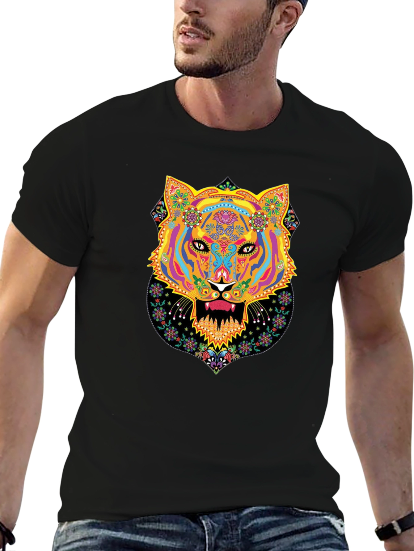 Black Vibrant Tiger Graphic Black T-Shirt view 6