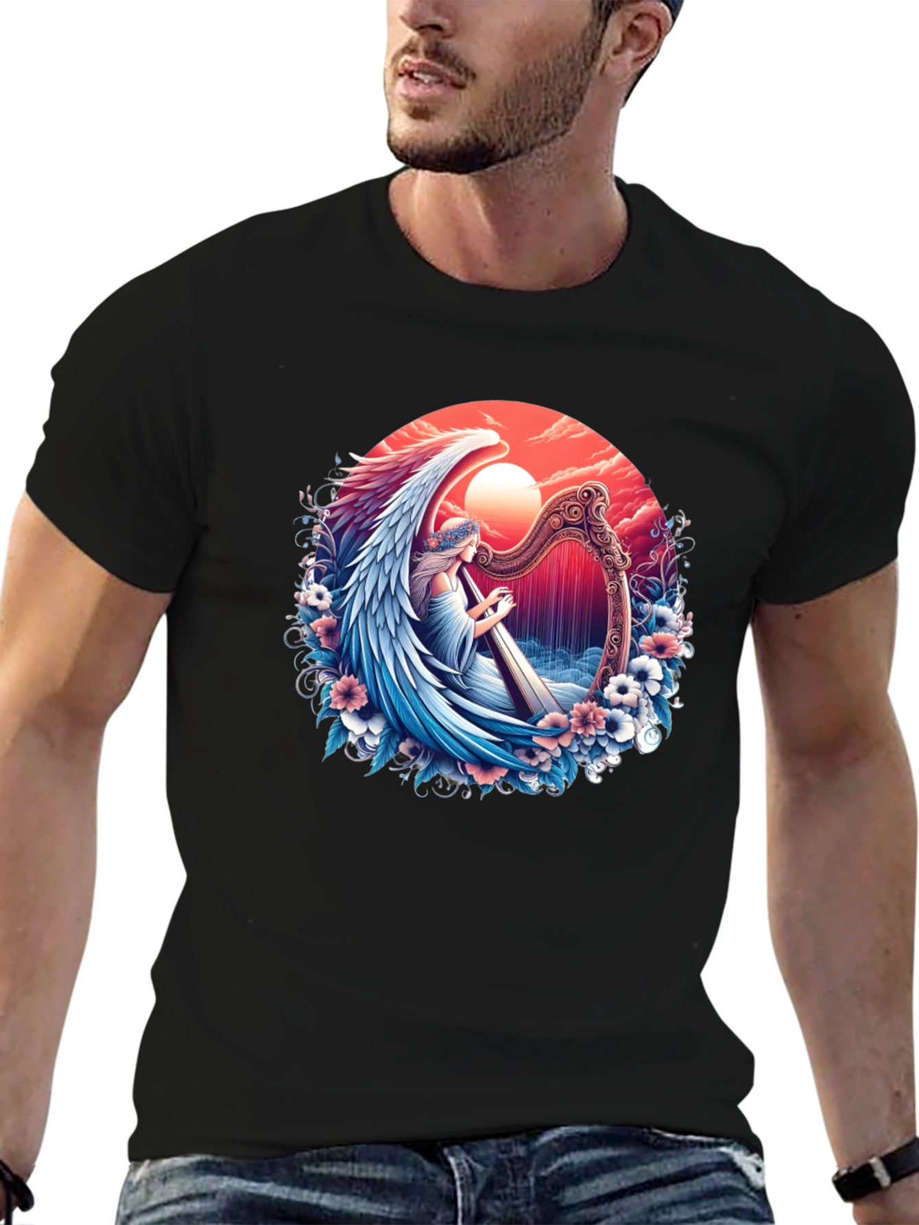 Black Angel Harpist Graphic T-Shirt - Celestial Harmony view 6