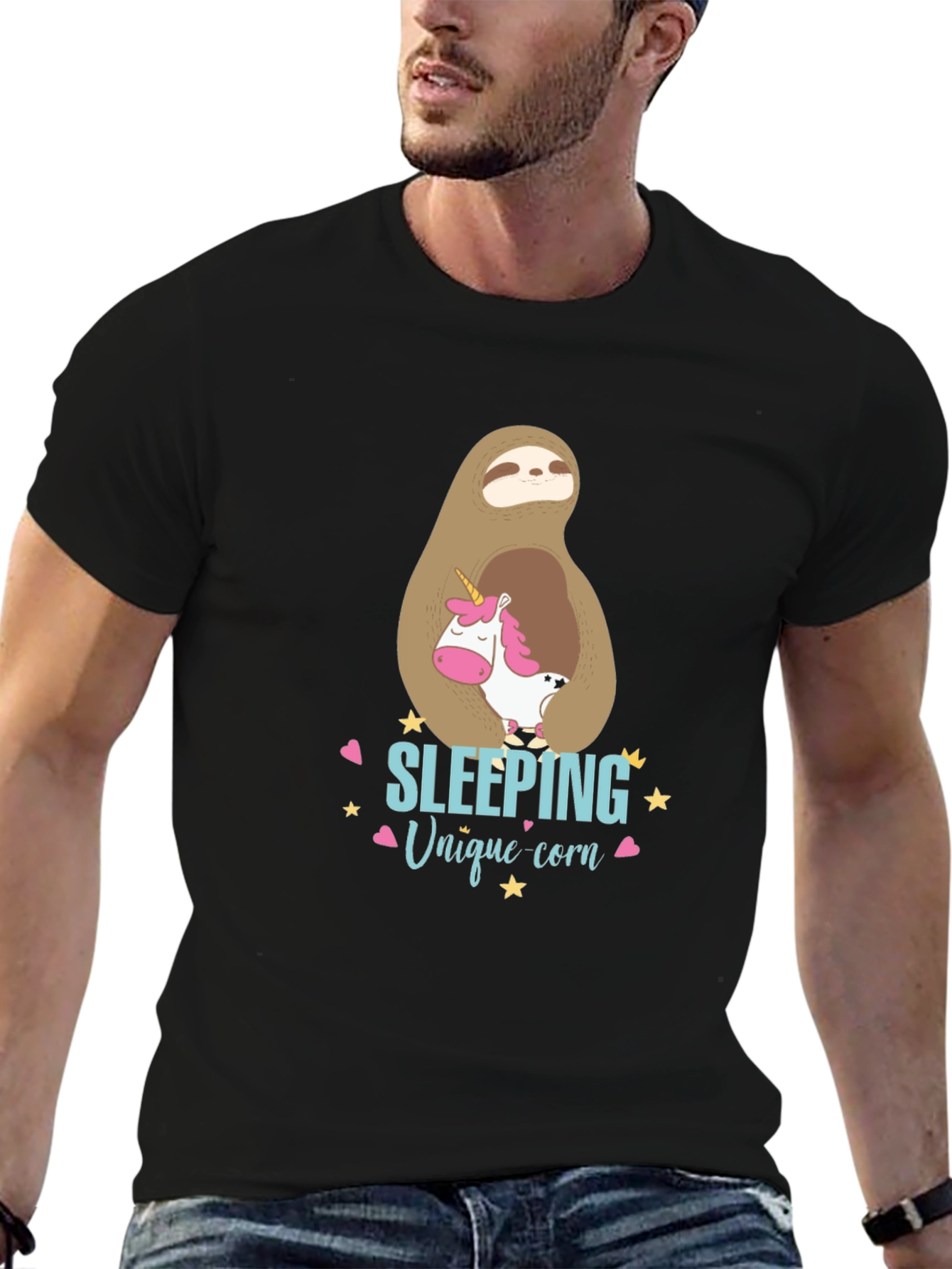 Black Cute Sloth & Unicorn Graphic T-Shirt view 6