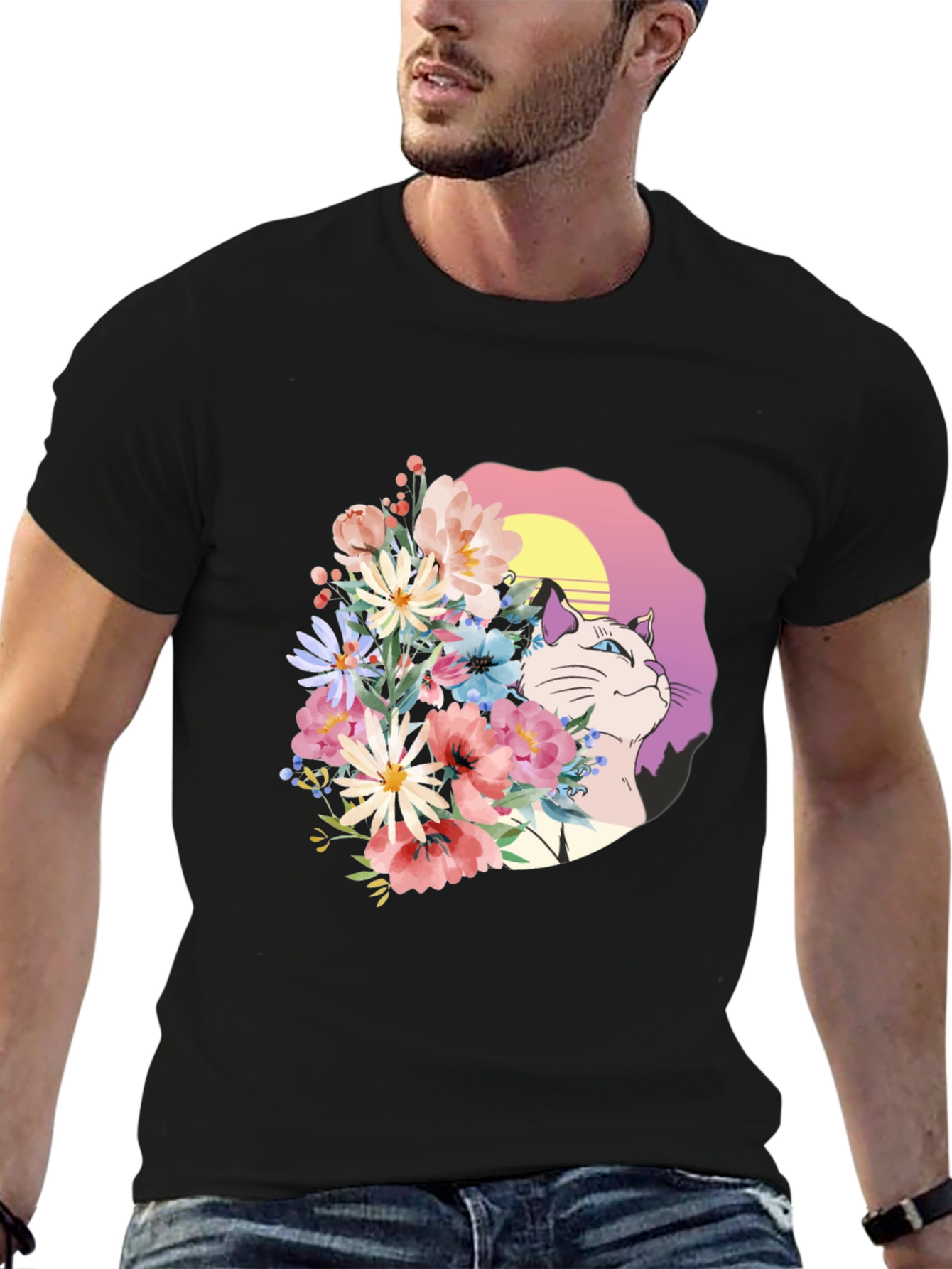 Black Floral Cat Graphic Black T-Shirt view 6