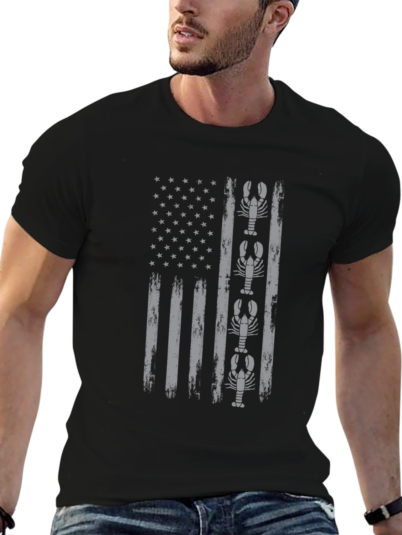 Black Lobster American Flag Graphic T-Shirt view 6