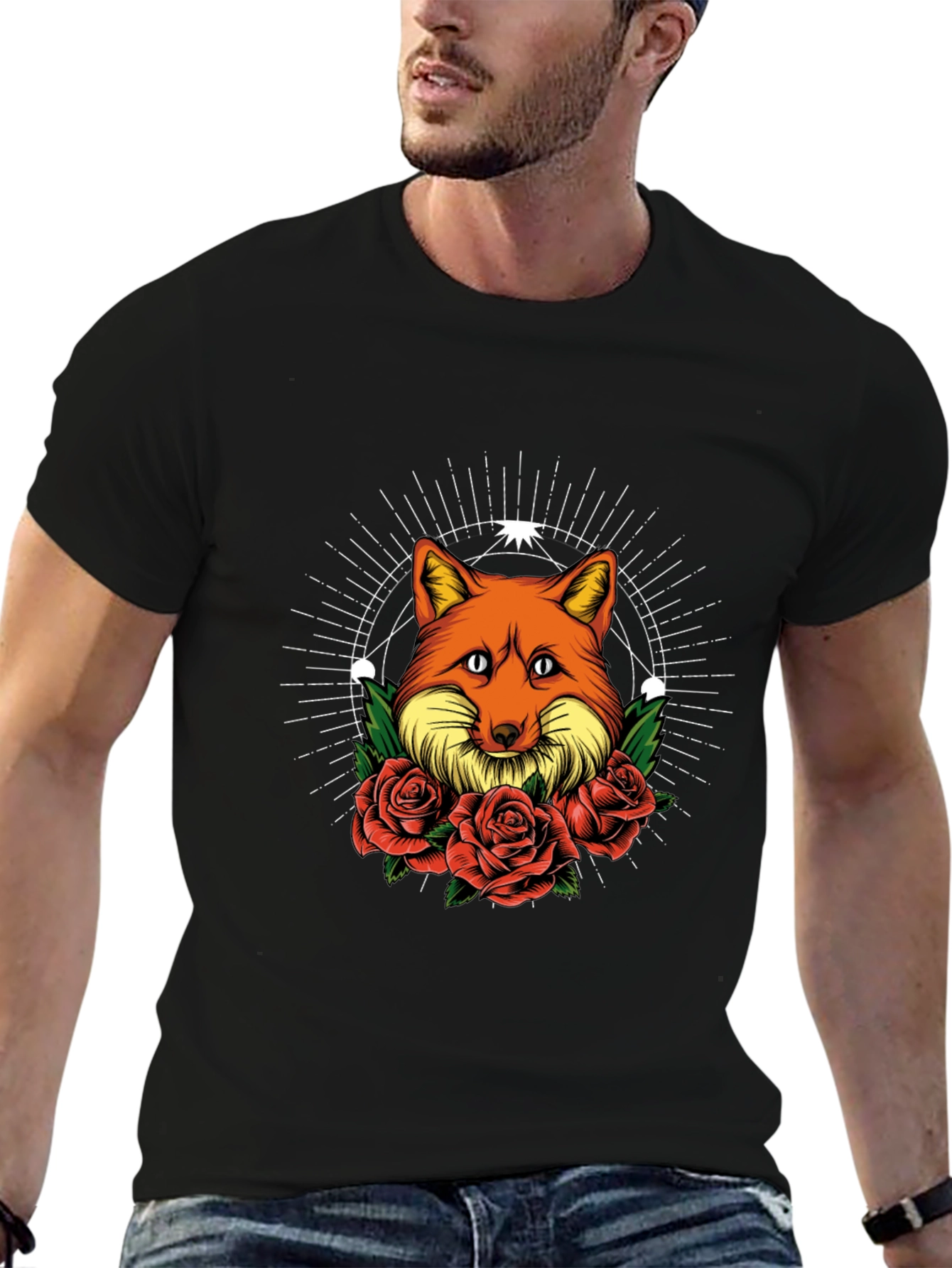 Black Fox & Roses Graphic Print Tee - Stylish Men's Black T-Shirt view 6