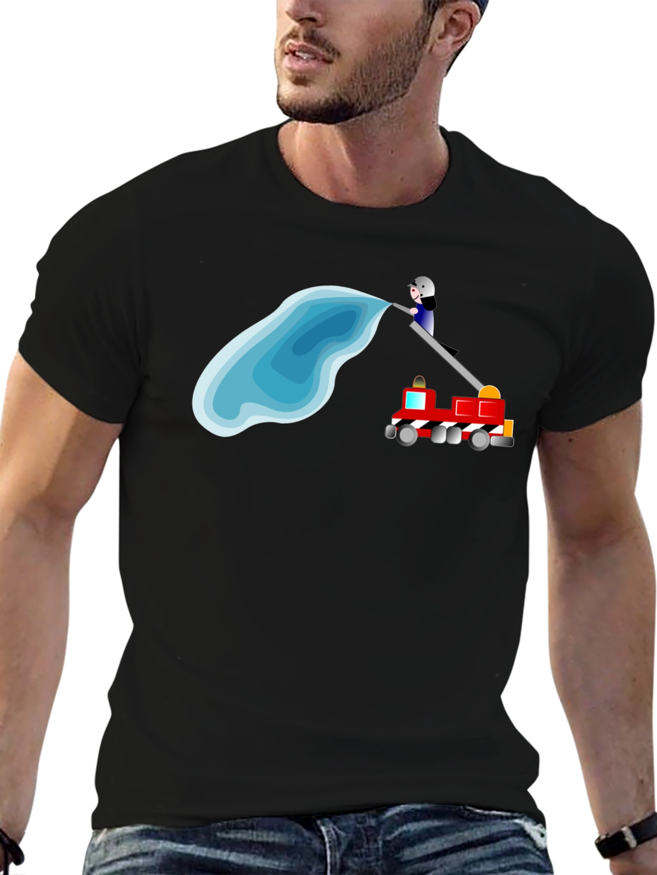 Black Firefighter Cartoon Black T-Shirt view 6