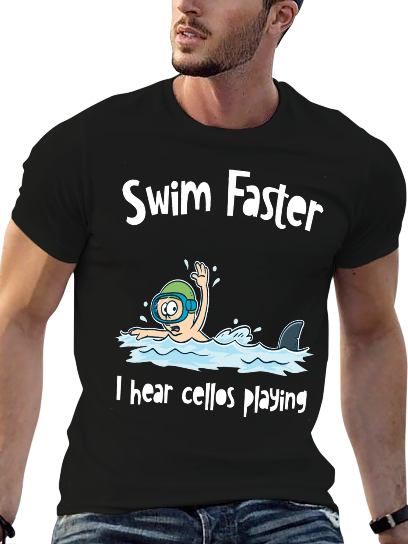 Black Swim Faster Shark Humor Graphic Tee view 6