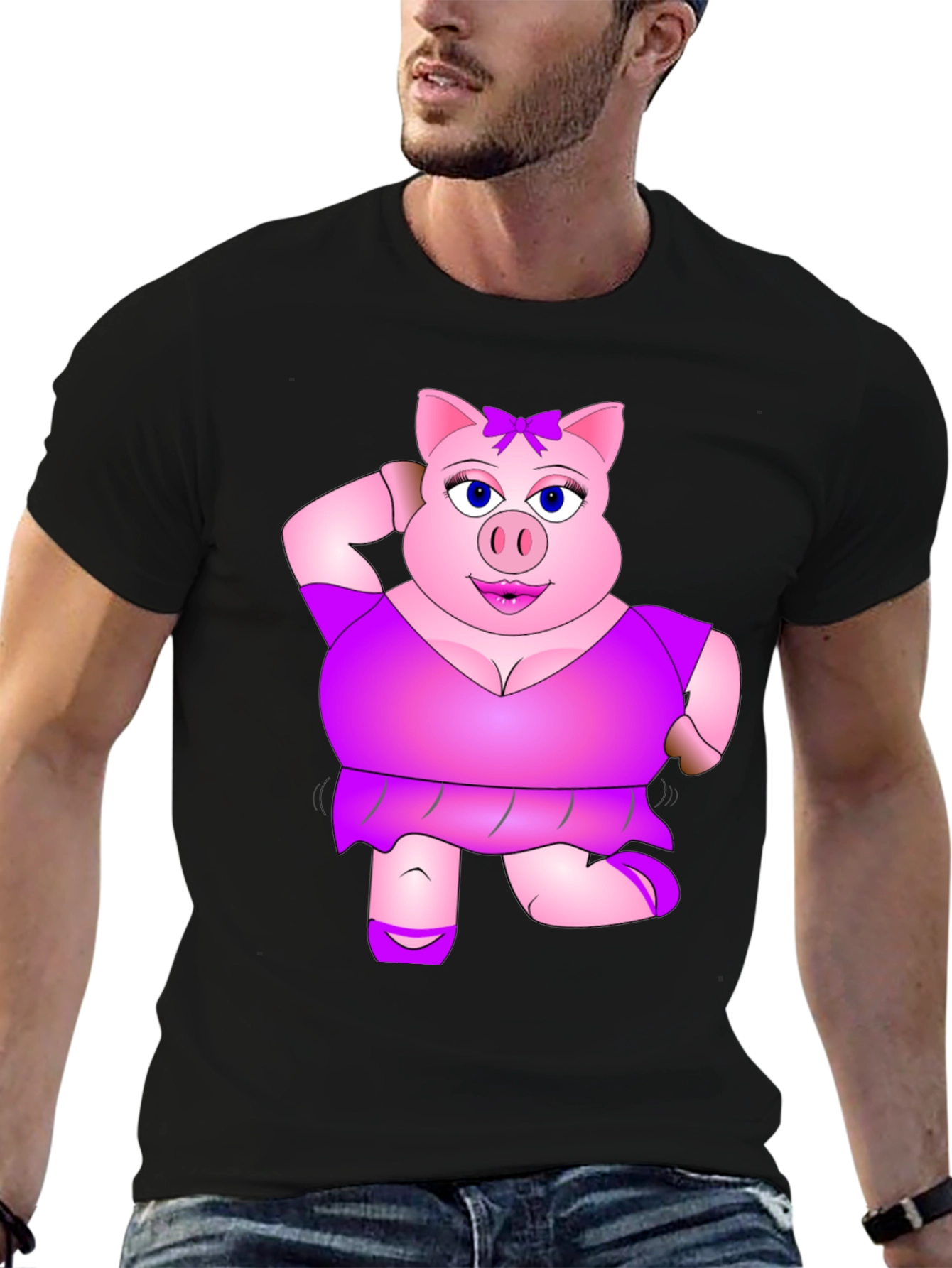 Black Funny Pig Lady Black T-Shirt Novelty Graphic Tee view 6